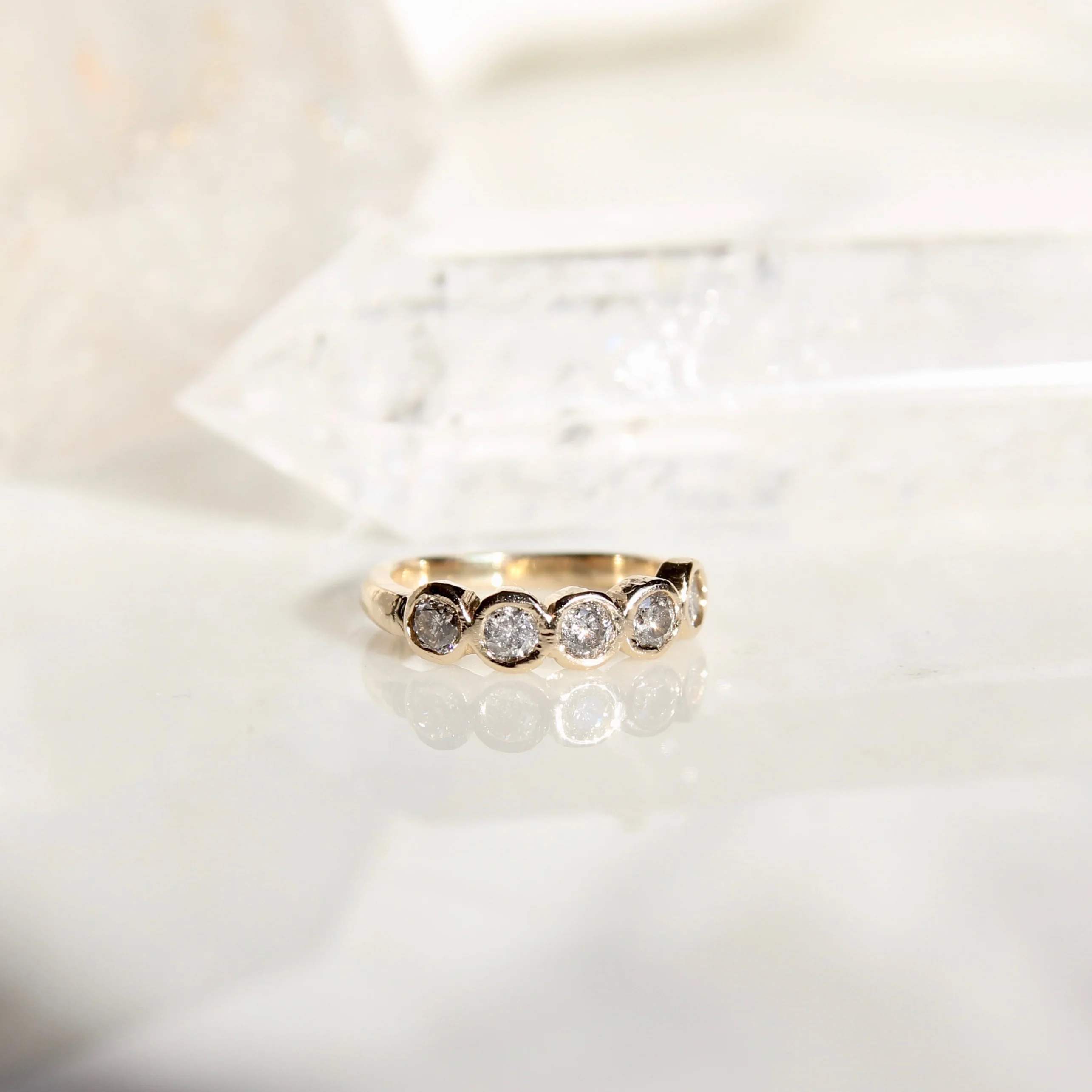 14k Yellow Organic Band with 5 Bezel Set Salt & Pepper Diamonds