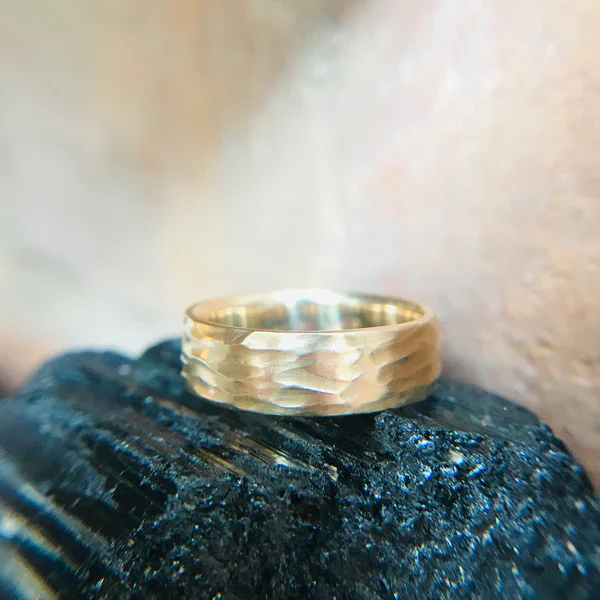 Strata Band II - 14k Yellow Hand Carved Textured Wedding Band - Image 3