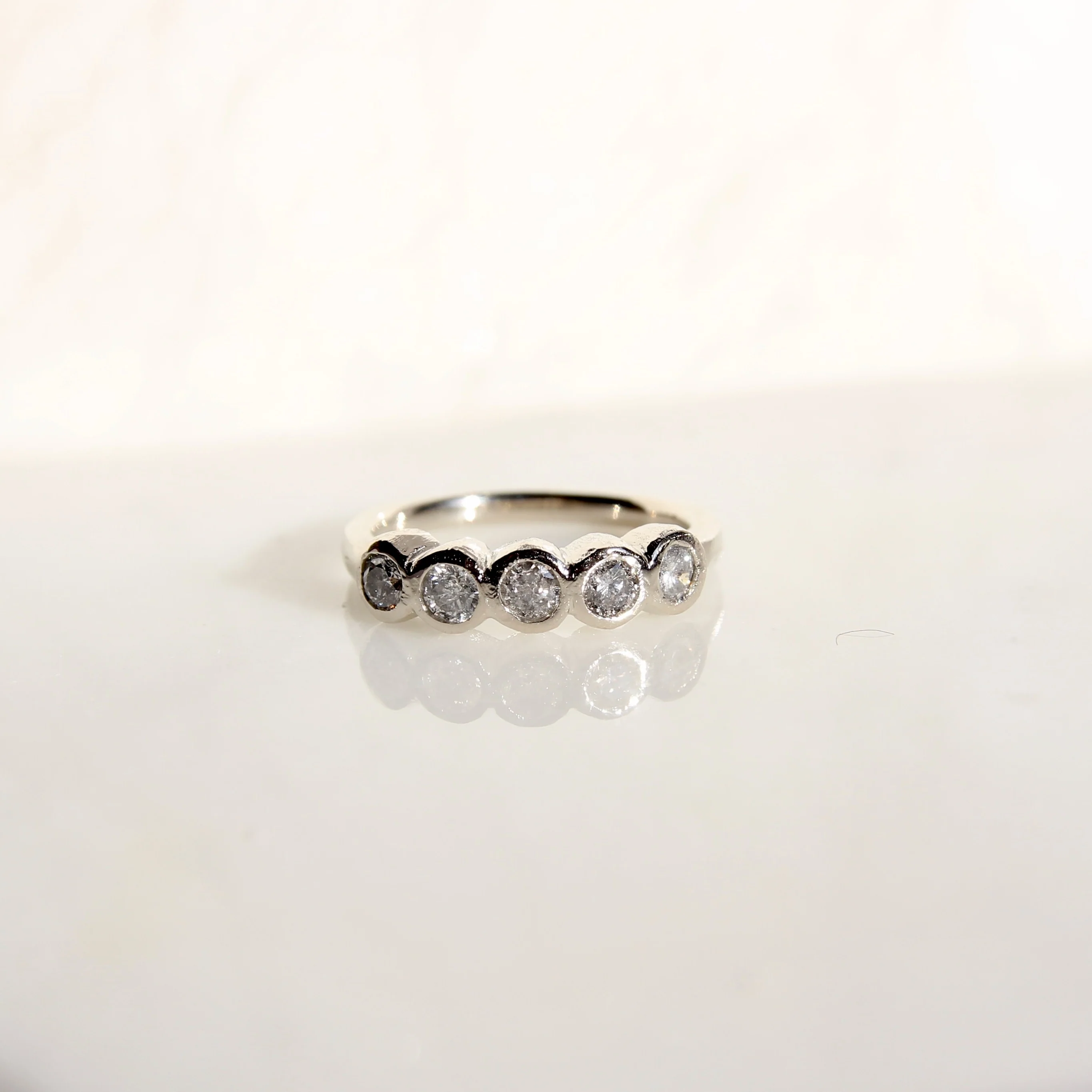 14k White Organic Band with 5 Bezel Set Salt & Pepper Diamonds
