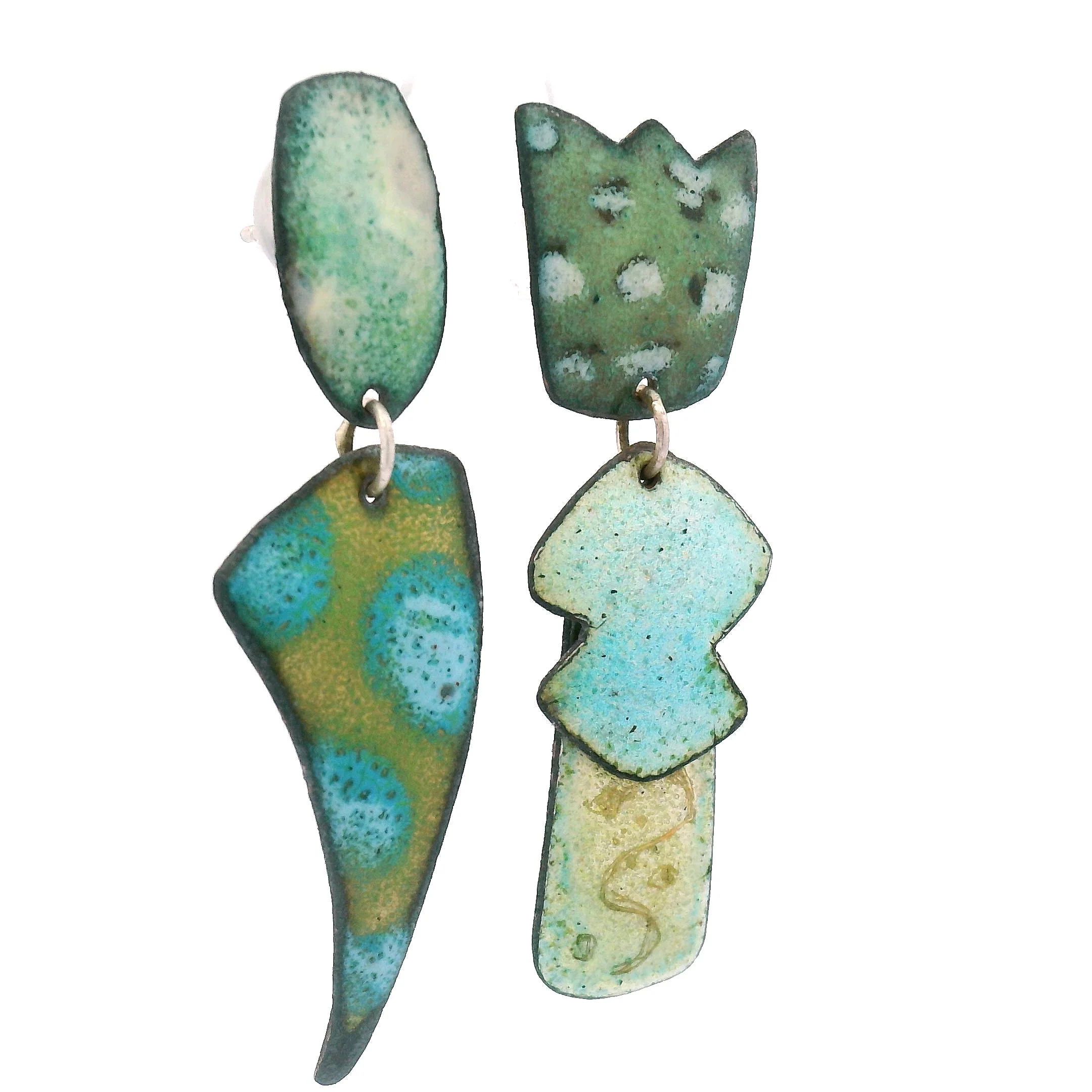 Asymmetrical Teal & Green Enamel Earrings - Image 5