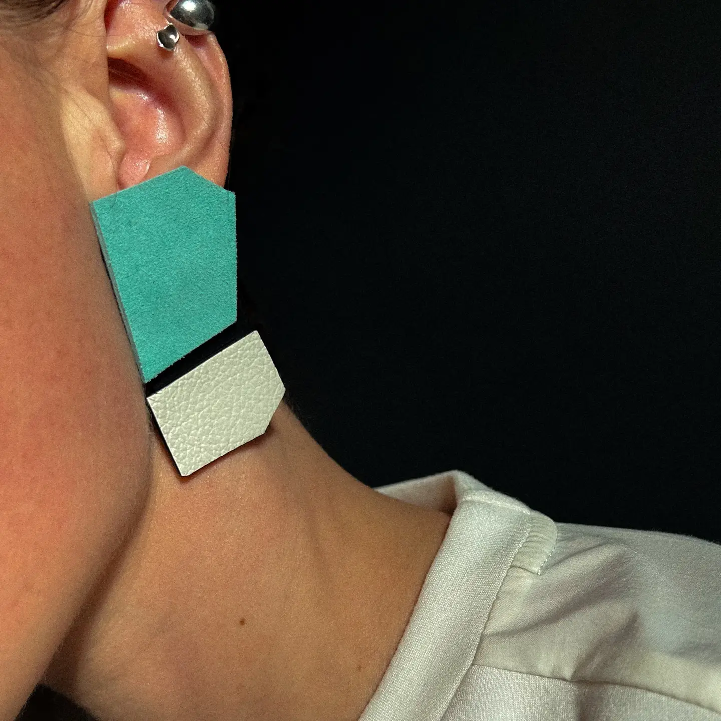 Angled Leather Drop Earrings Teal and White - Image 2