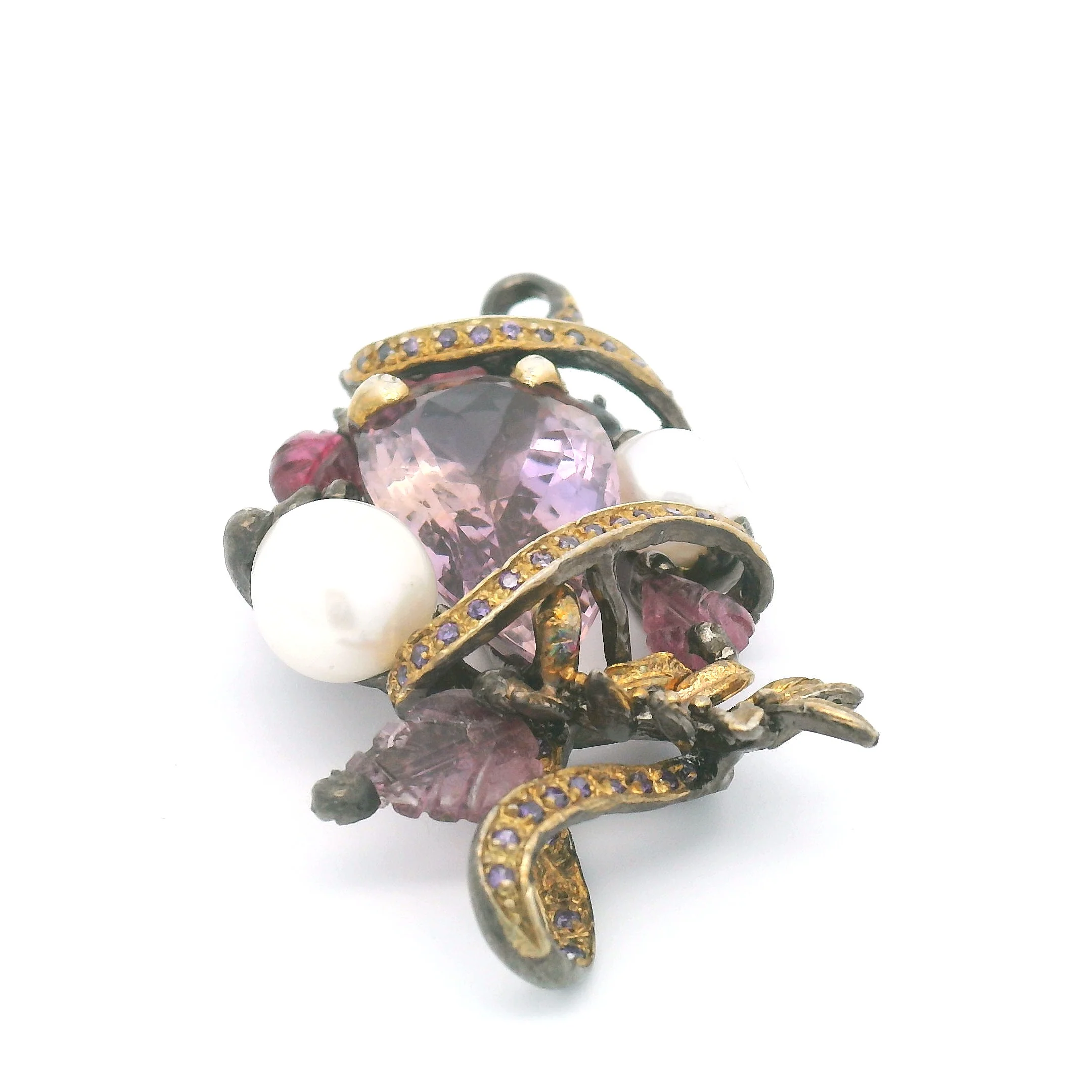 Antique Style Ametrine Pearl Pendant with Blue Topaz Cubic Zirconia Foliage - Image 5