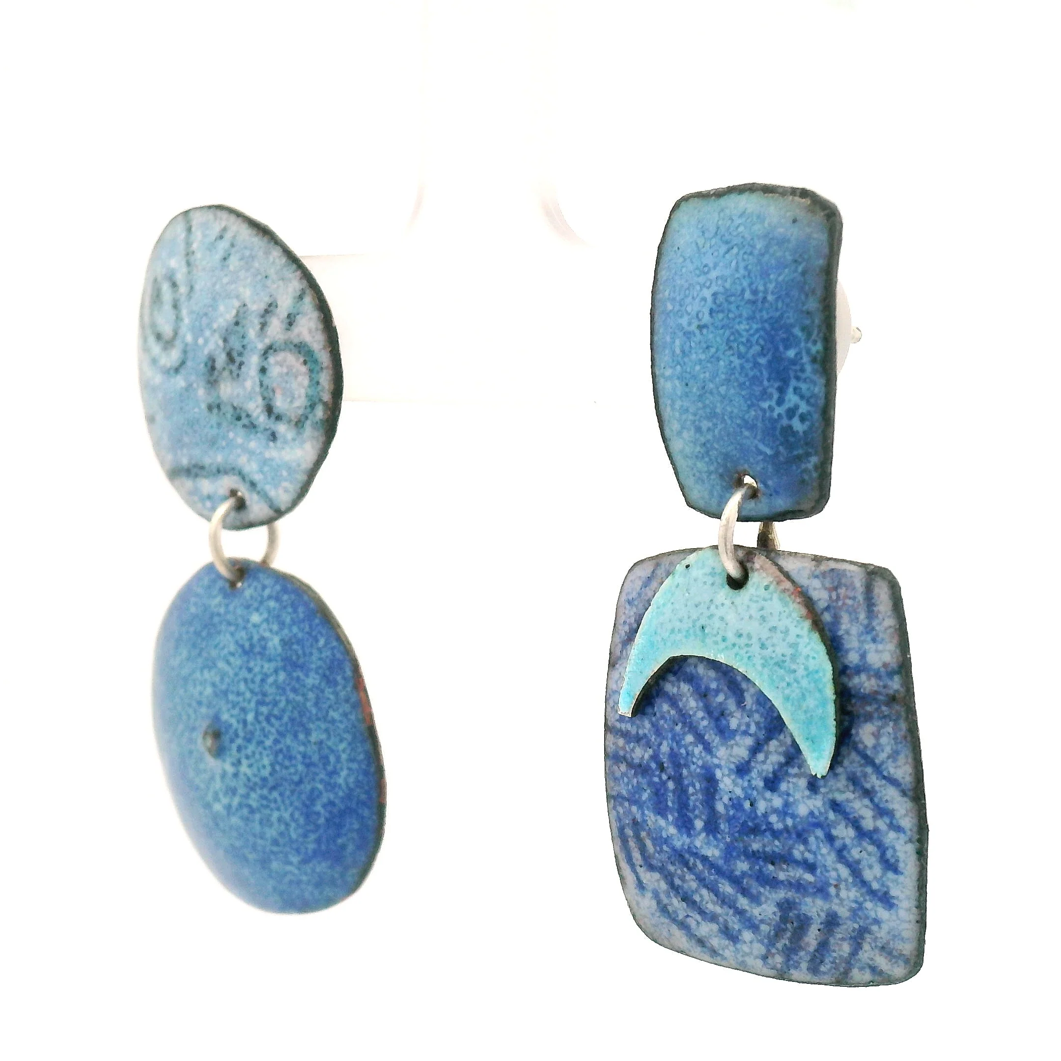 Asymmetrical Blue Moon Enamel Earrings - Image 2