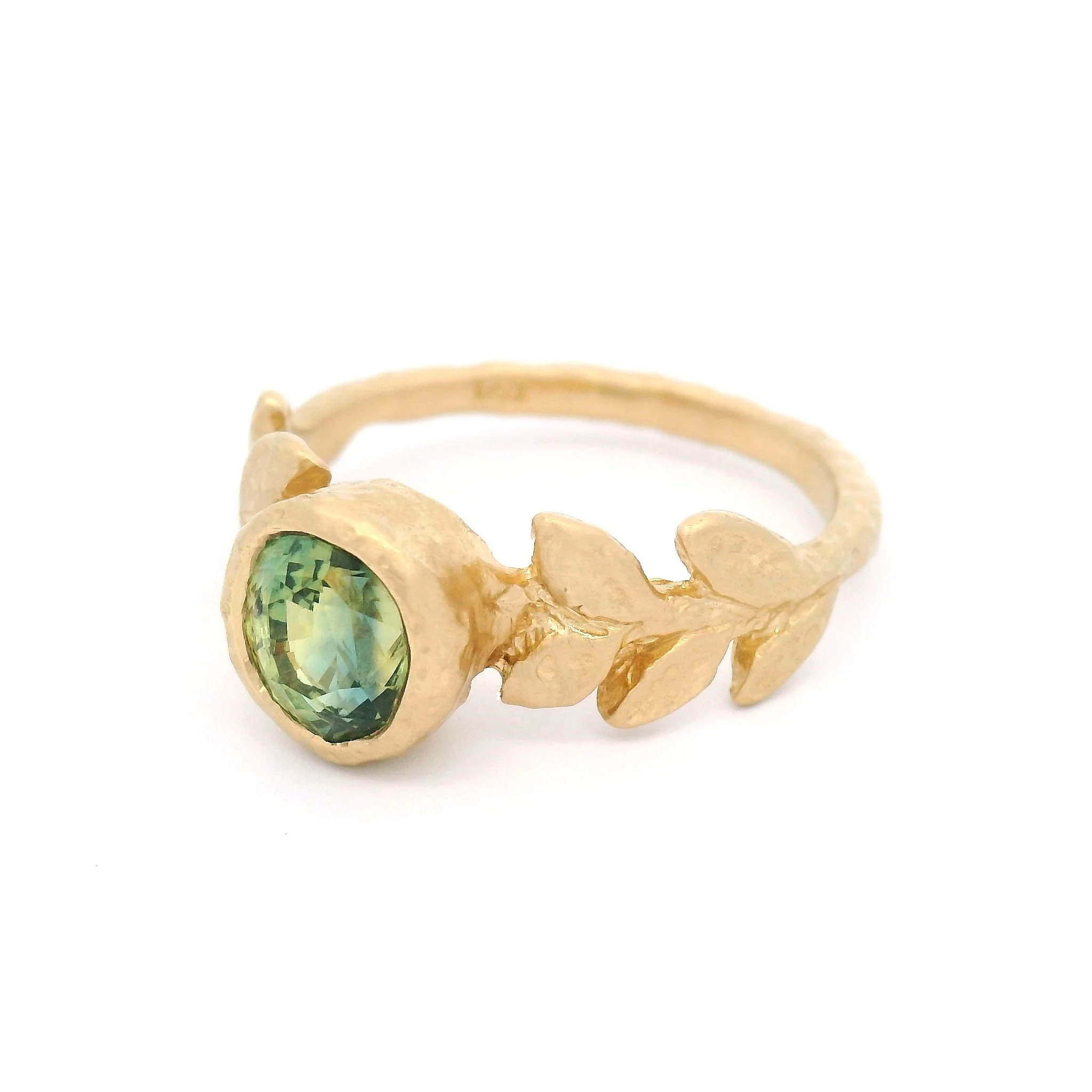 14k Yellow Organic Solitaire with Bezel-Set 1.63ct Green Parti Sapphire - Image 2