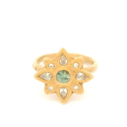 14k Yellow Organic Ring with Teal Blue Sapphire and Diamond Accents