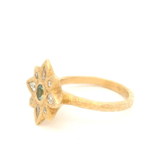 14k Yellow Organic Ring with Teal Blue Sapphire and Diamond Accents - Image 2