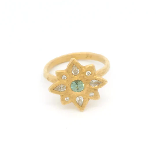 14k Yellow Organic Ring with Teal Blue Sapphire and Diamond Accents - Image 3