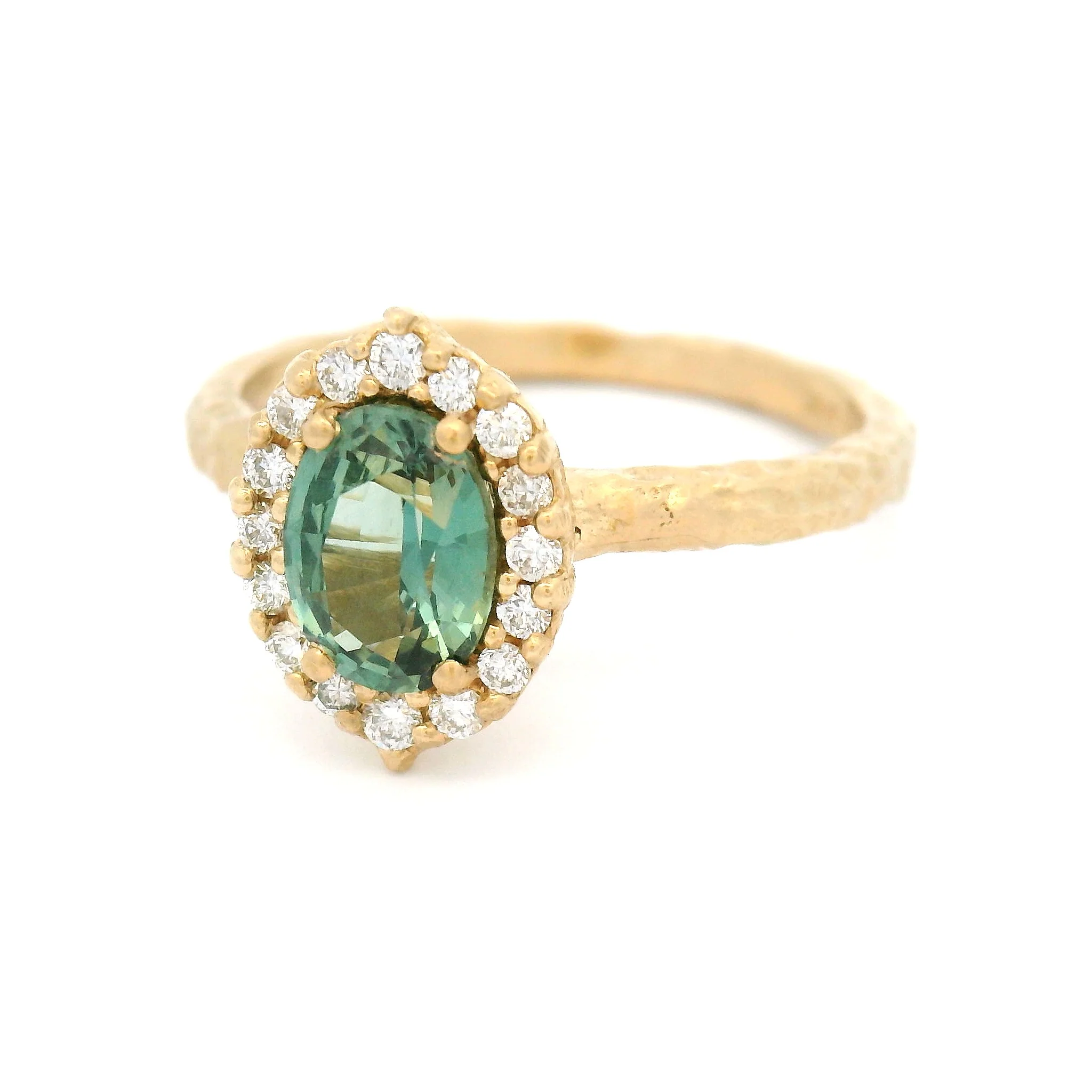 14k Yellow Engagement Ring with 0.94ct Teal Sapphire and Accent Diamond Halo - Image 2