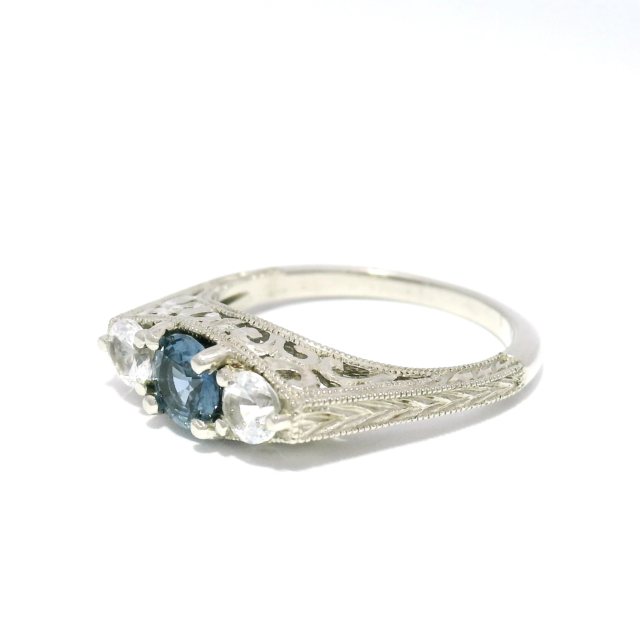 Trio - 10k White Hand-Engraved Blue and White Sapphire Ring - Image 2