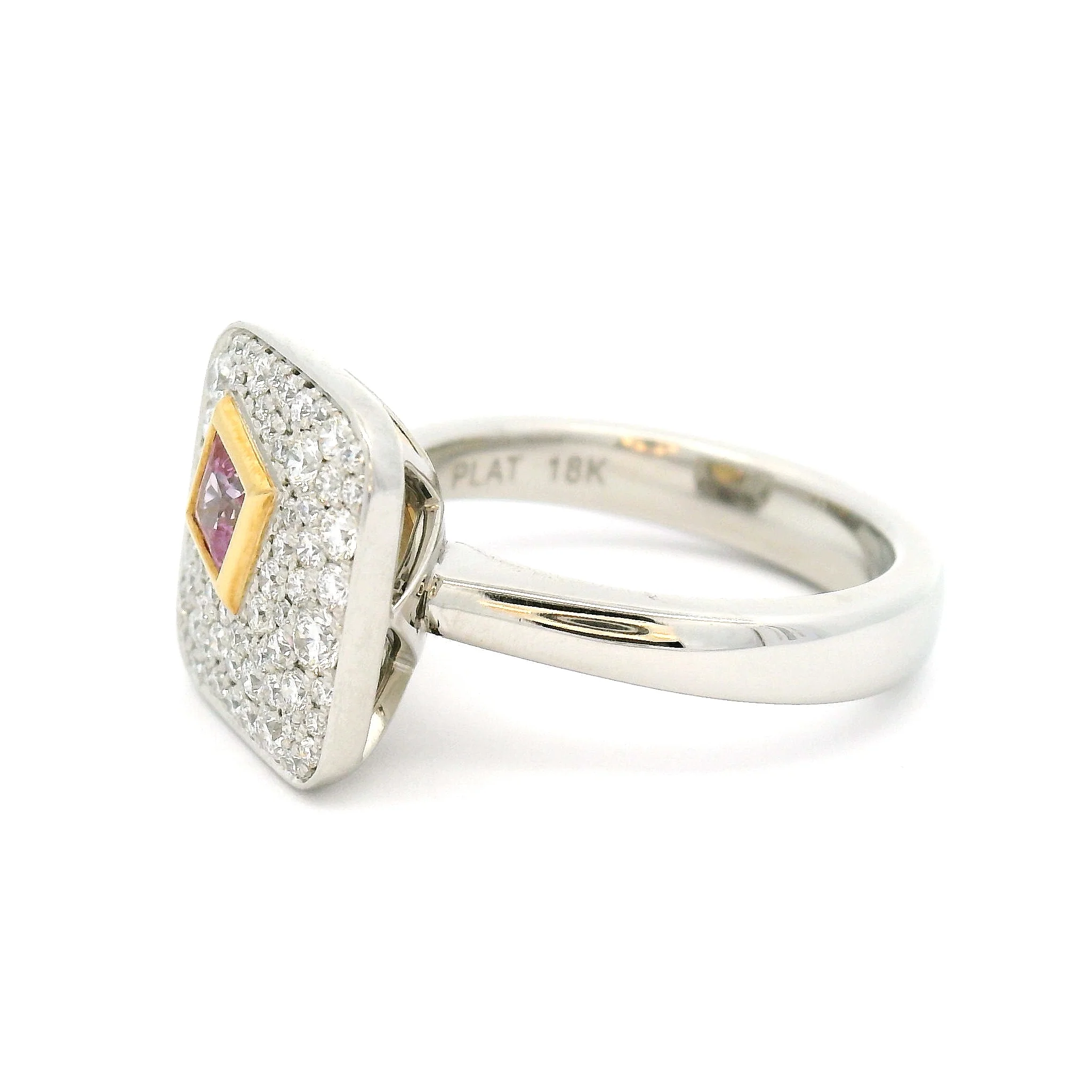 Platinum and 18k Yellow Pink Sapphire Diamond Engagement Ring - Image 2