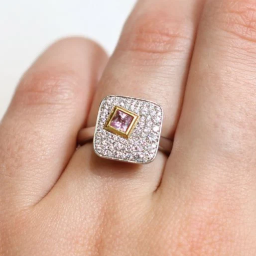 Platinum and 18k Yellow Pink Sapphire Diamond Engagement Ring - Image 3