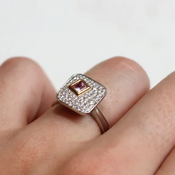 Platinum and 18k Yellow Pink Sapphire Diamond Engagement Ring - Image 4
