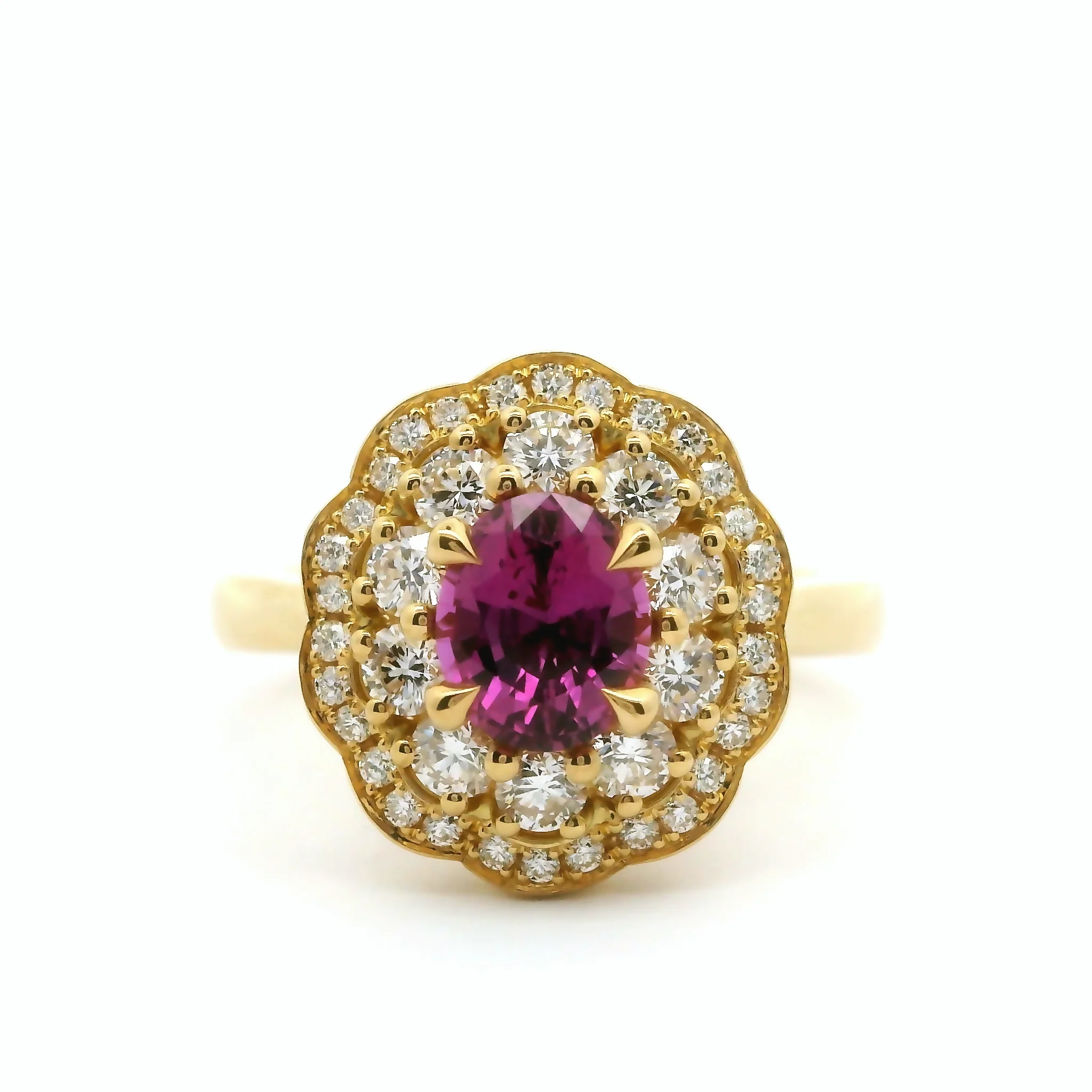 18k Yellow Ring with Natural 1.06ct Pink Sapphire and Double Diamond Halos