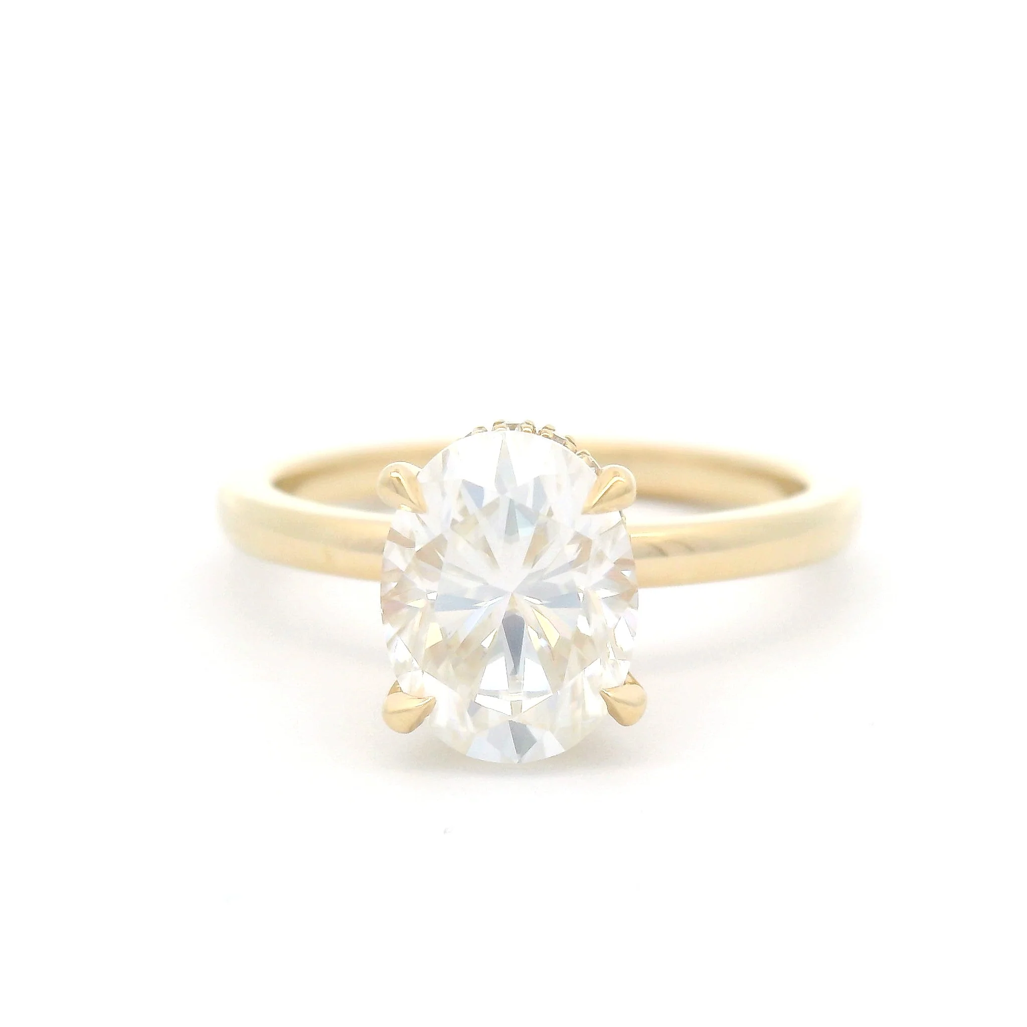 14k Yellow Solitaire with 1.77ct Oval Moissanite and Hidden Accent Lab Diamond Halo