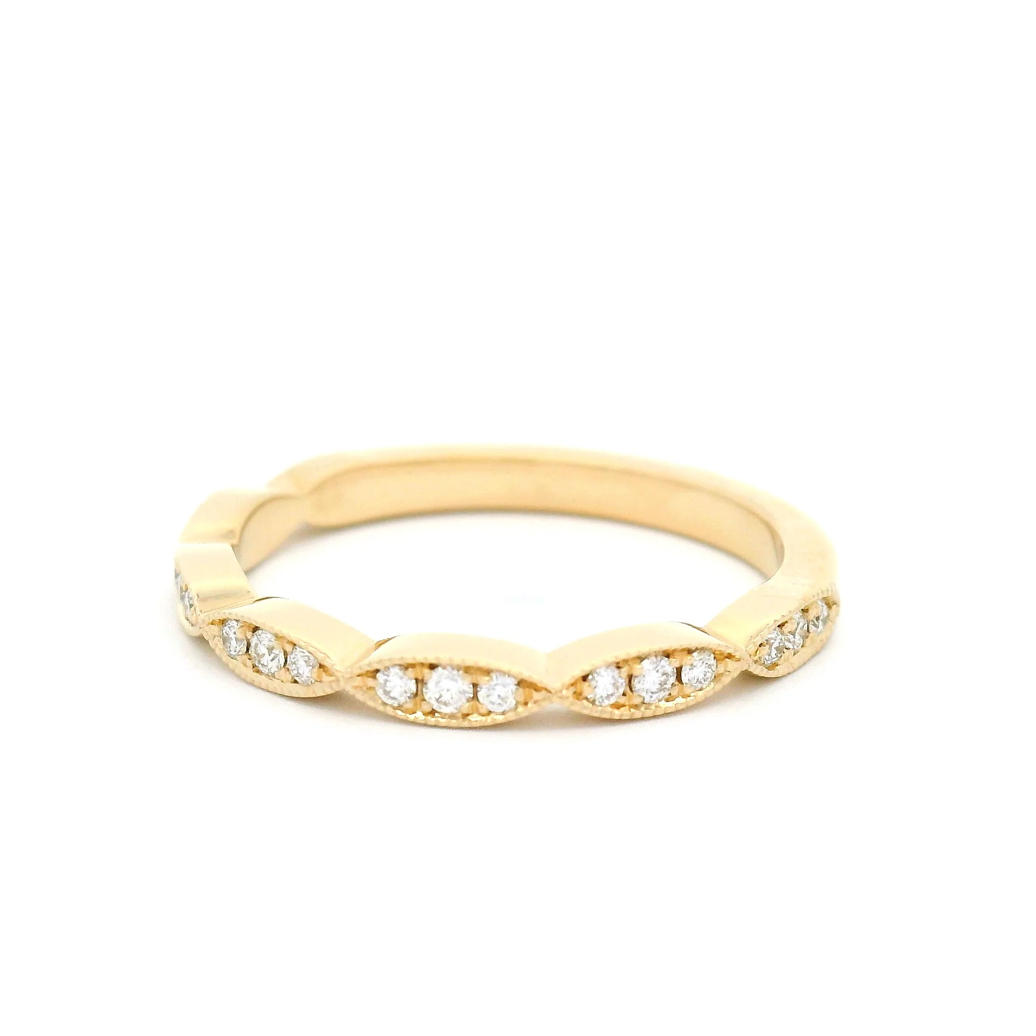 14k Yellow Band with Bead Set Diamonds and Milgrain Details - Image 2