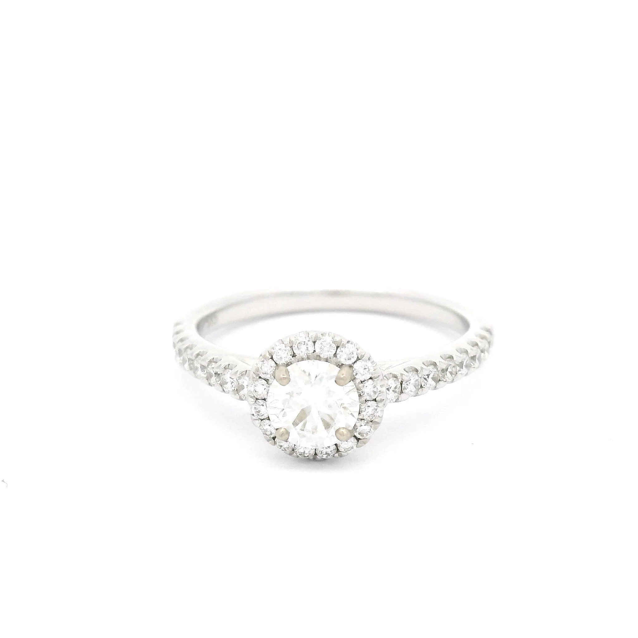 Franchesca - 14k White 5mm Round Moissanite Ring with Diamond Set Halo and Shank