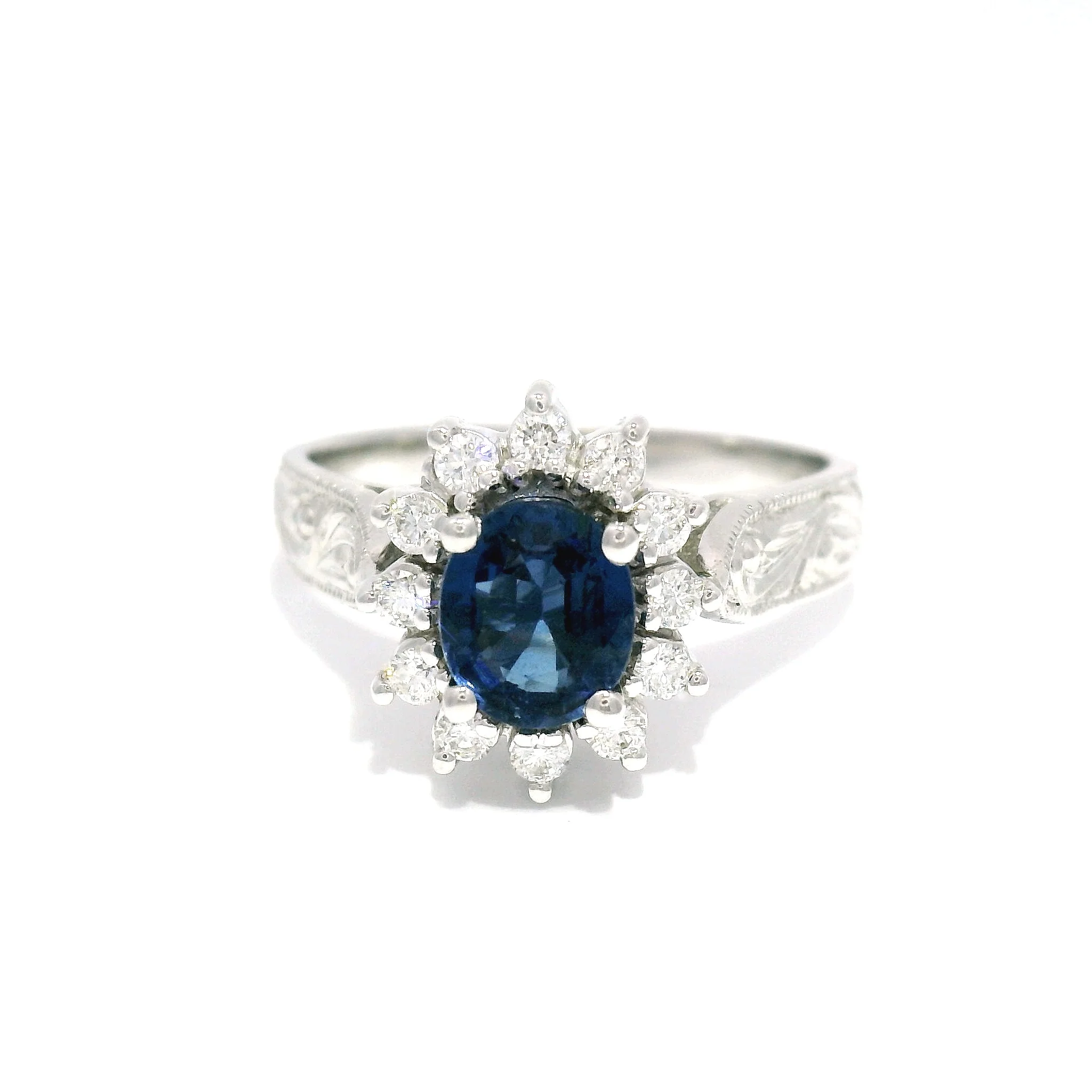 Ava - Hand Engraved Ring with 0.94ct Blue Sapphire and Diamond Accent Halo
