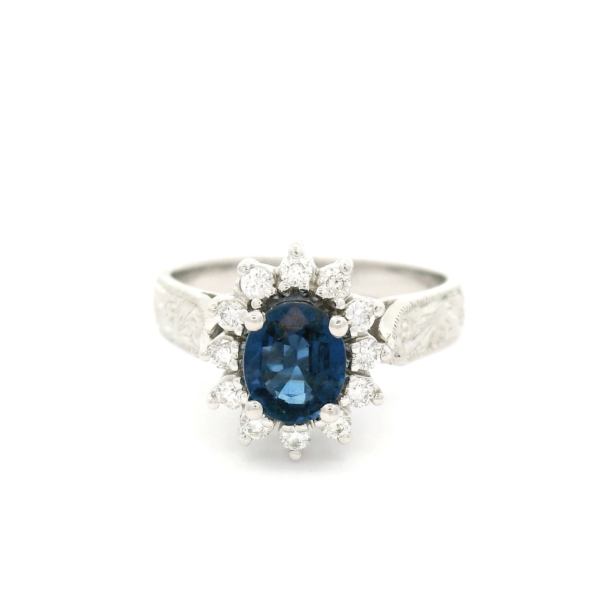 Ava - Hand Engraved Ring with 0.94ct Blue Sapphire and Diamond Accent Halo - Image 3