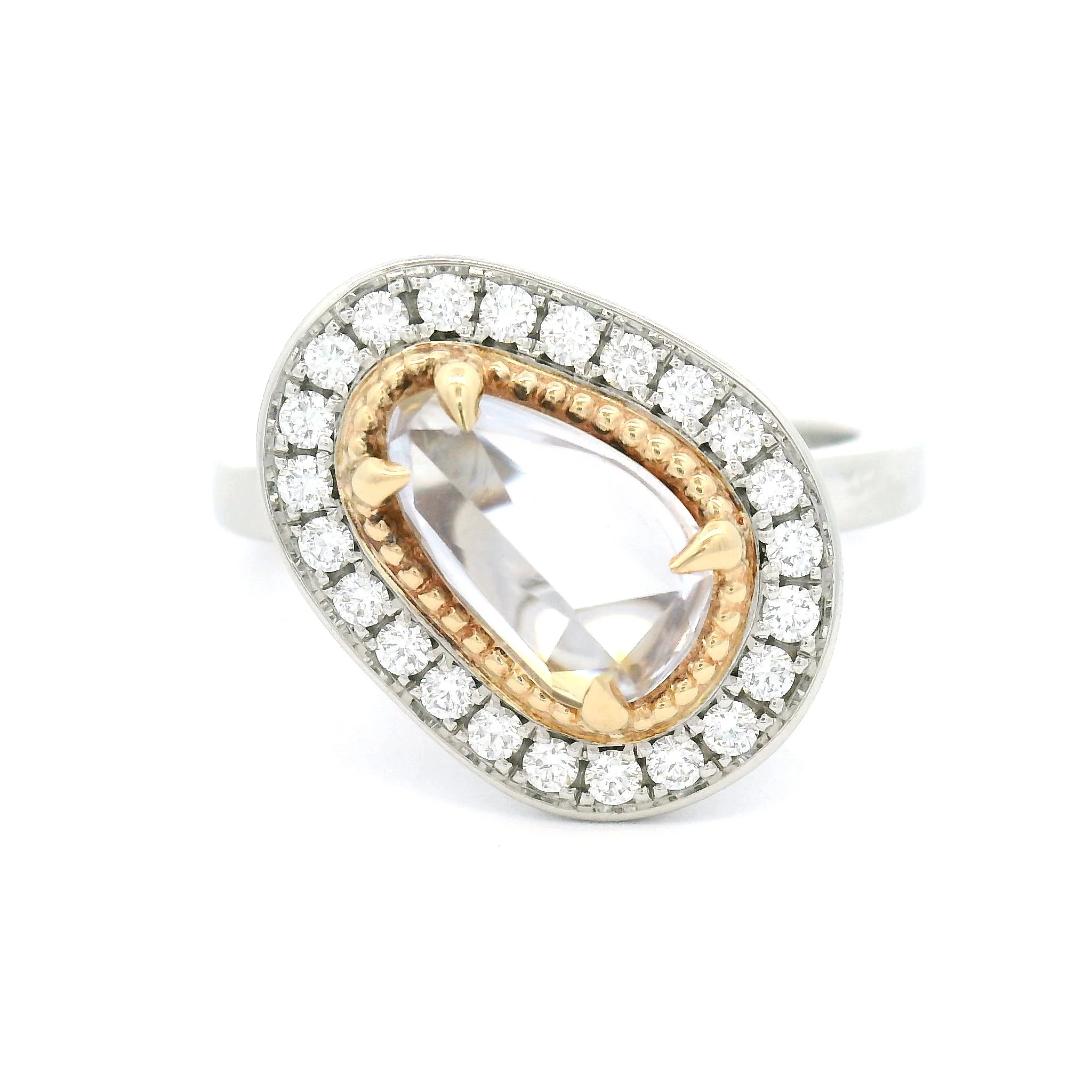 Platinum and 14k Yellow Ring with 1.25ct Free-Form Rose-Cut Sapphire and Accent Diamond Halo