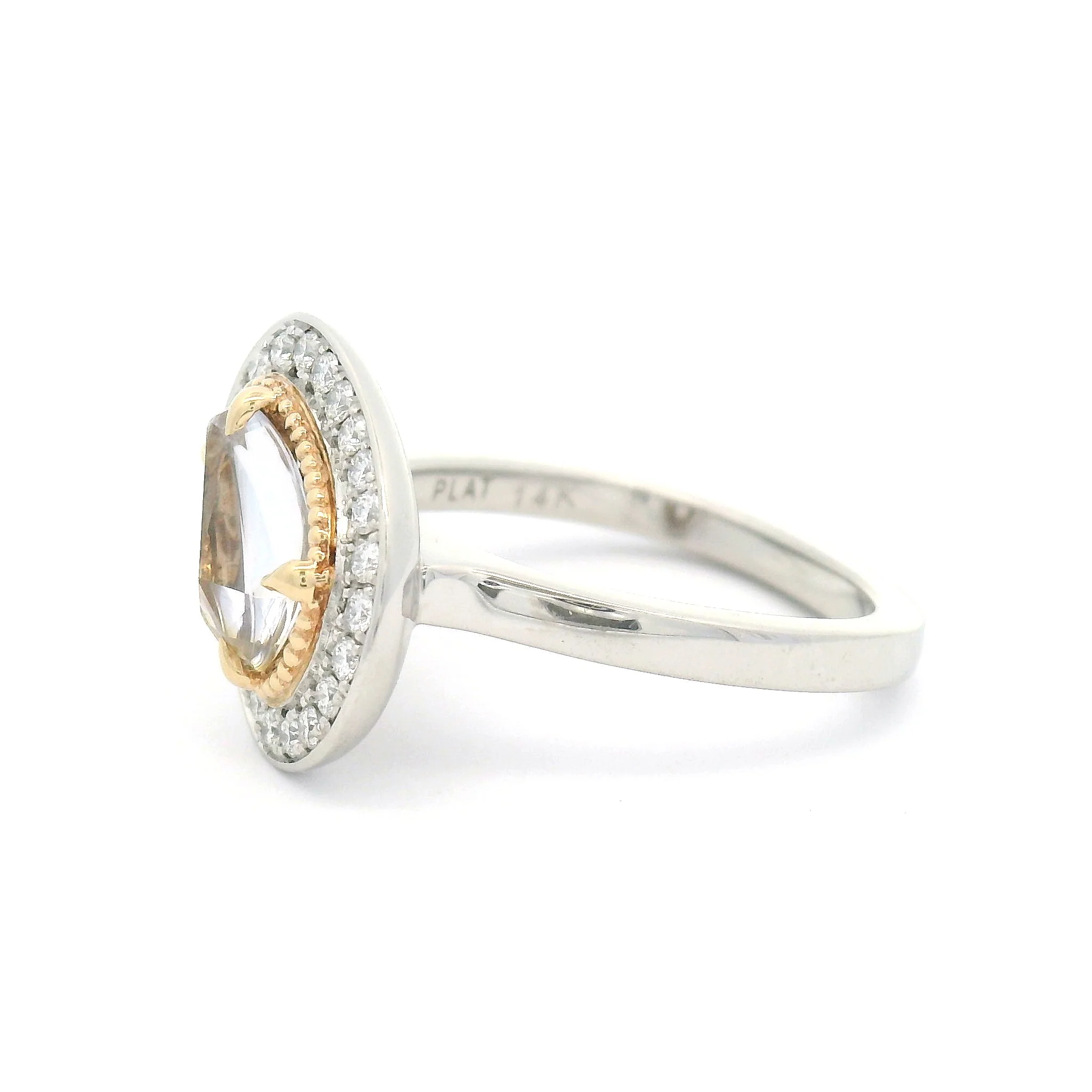 Platinum and 14k Yellow Ring with 1.25ct Free-Form Rose-Cut Sapphire and Accent Diamond Halo - Image 3