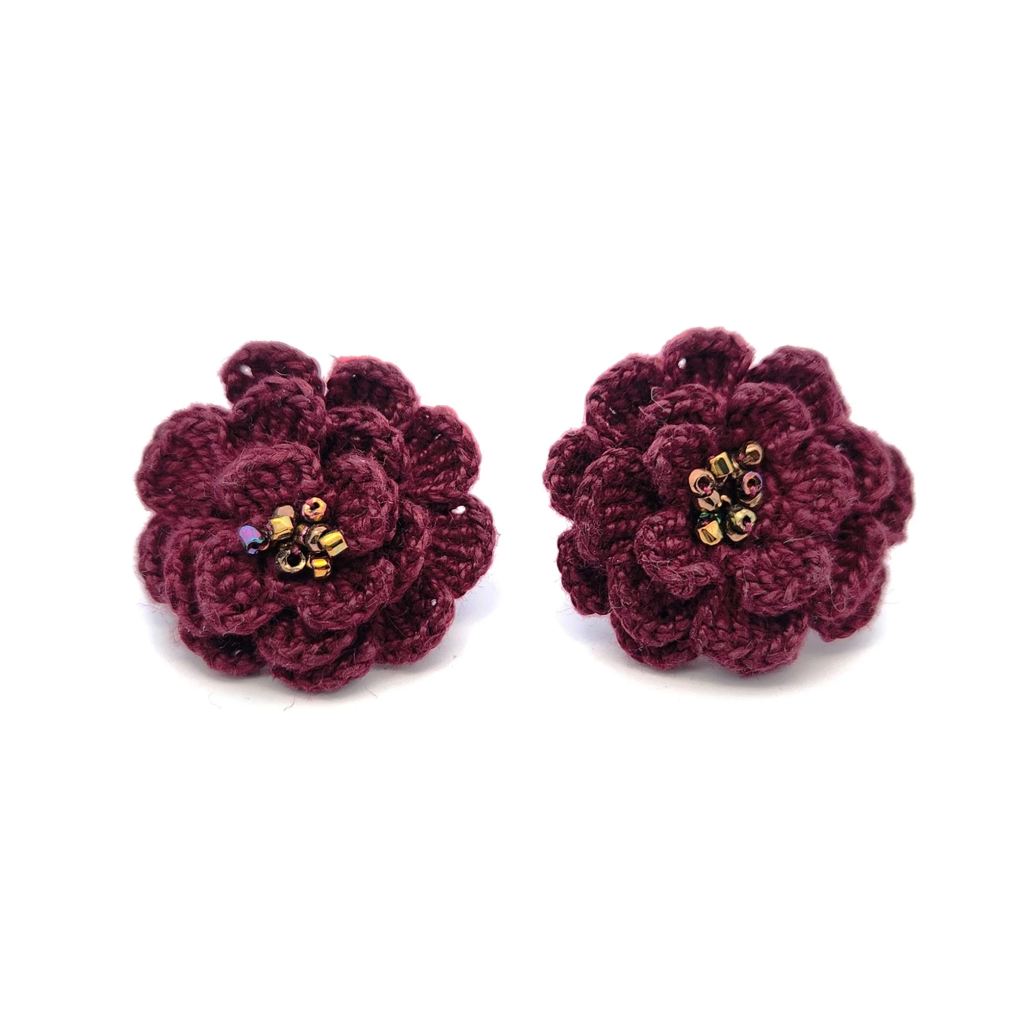 Dark Red Carnations Embroidery Earrings