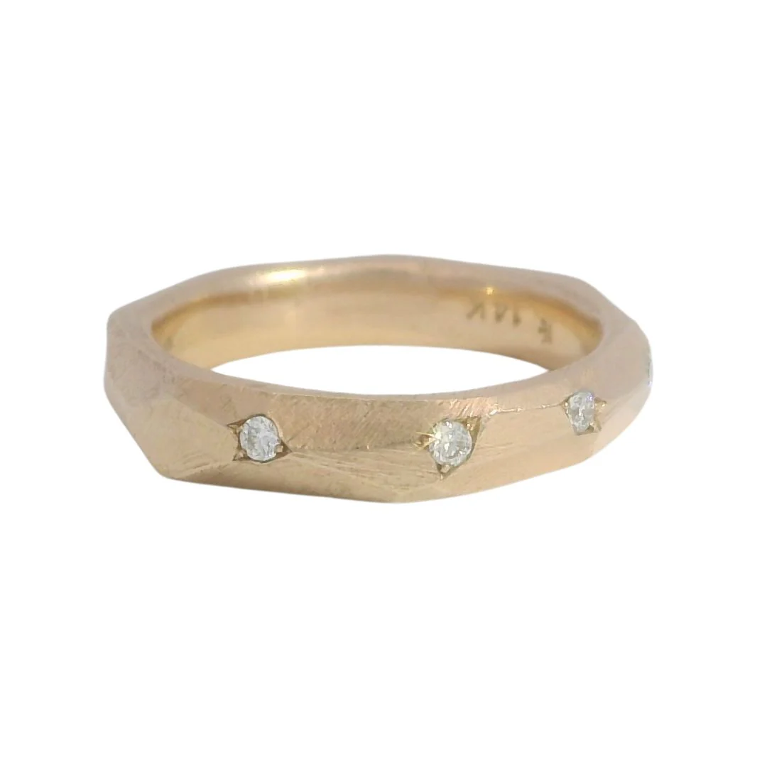 Diamond & Faceted Rose-Gold Carved Wedding Band - Image 2