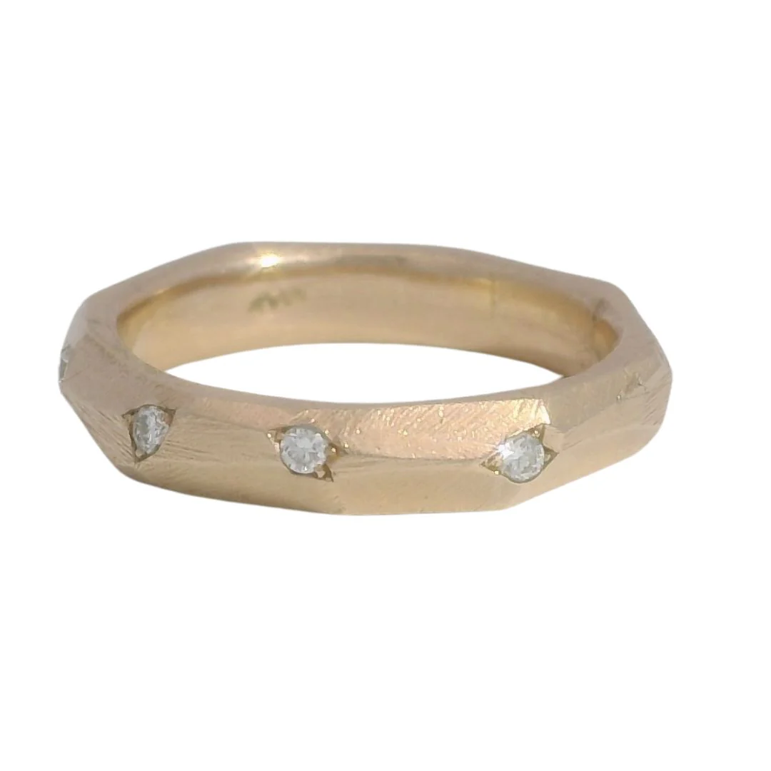 Diamond & Faceted Rose-Gold Carved Wedding Band - Image 3