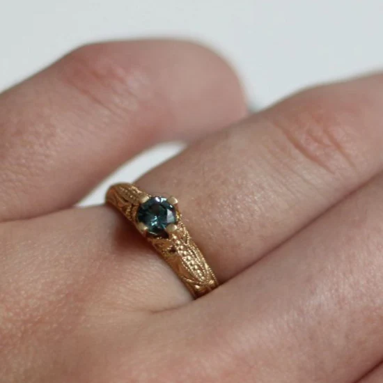 14k Yellow Hand-Engraved Engagement Ring with 0.30ct Teal Sapphire - Image 4