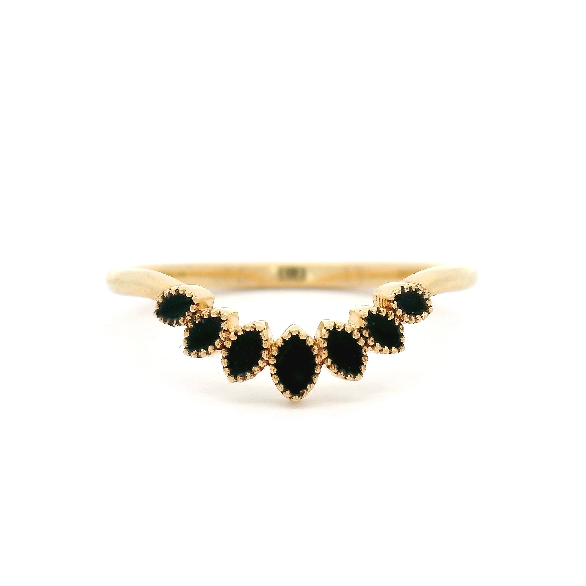 14k Yellow Vintage-Style Contour Band with 7 Tapering Black Enamel Leaves