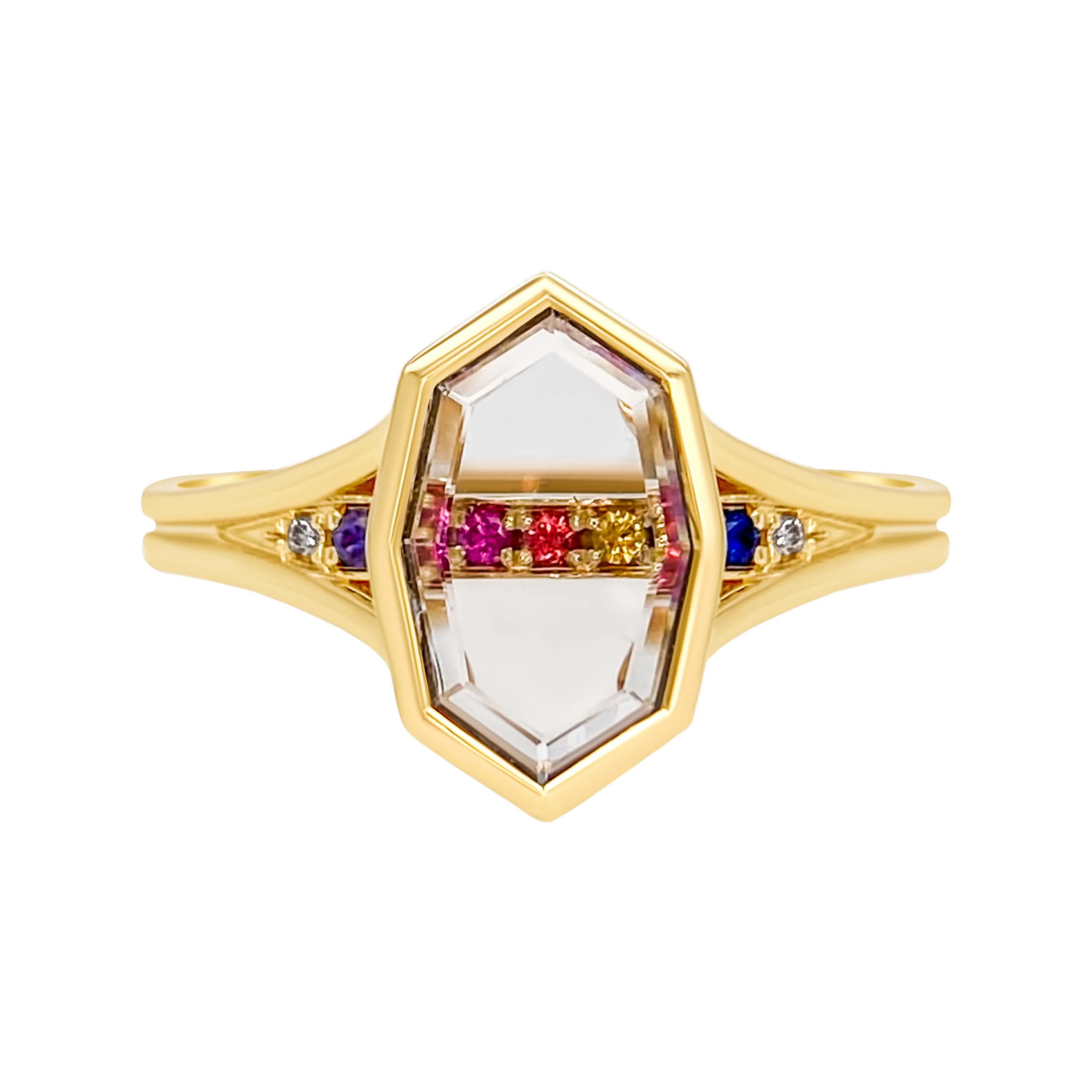 14k Yellow Engagement Ring with 1.07ct Portrait-Cut Sapphire, Accent Diamonds and Sapphires - Image 4
