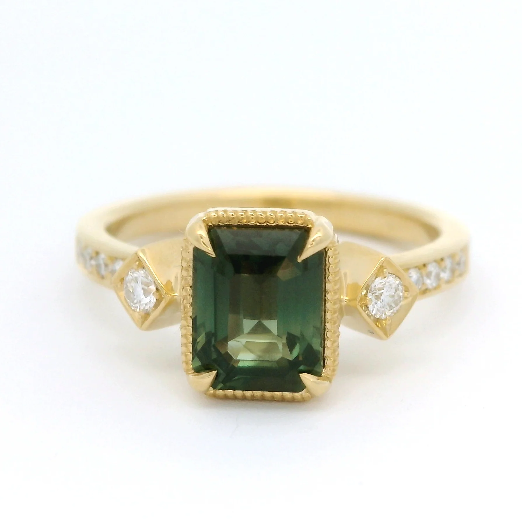 18k Yellow Ring with 1.55ct Emerald Cut Teal Sapphire and Accent Diamonds
