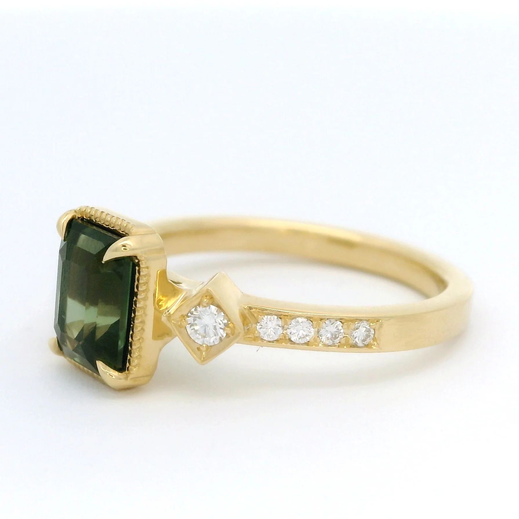 18k Yellow Ring with 1.55ct Emerald Cut Teal Sapphire and Accent Diamonds - Image 2