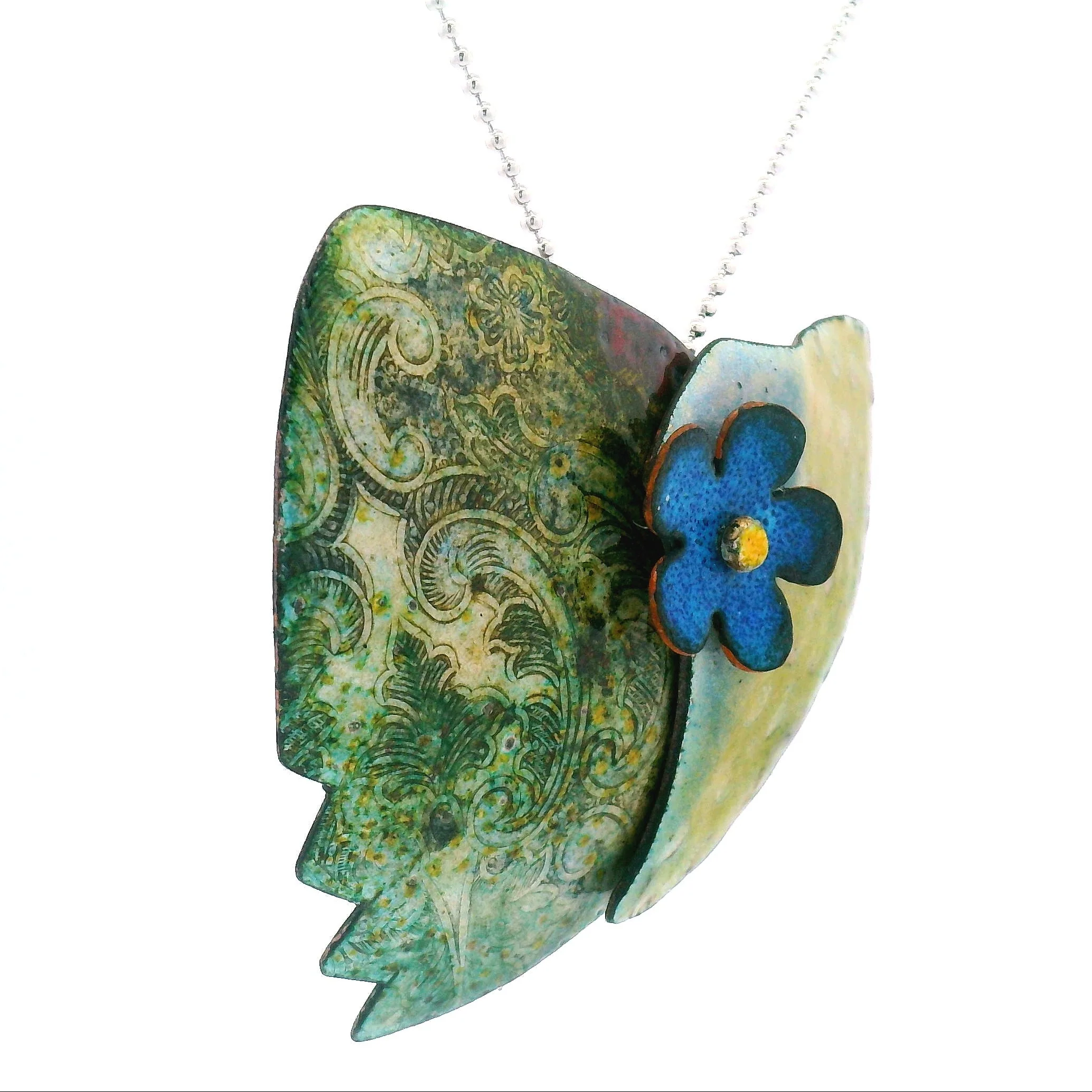 Enamel Green Leaf Blue Daisy Pendant - Image 4