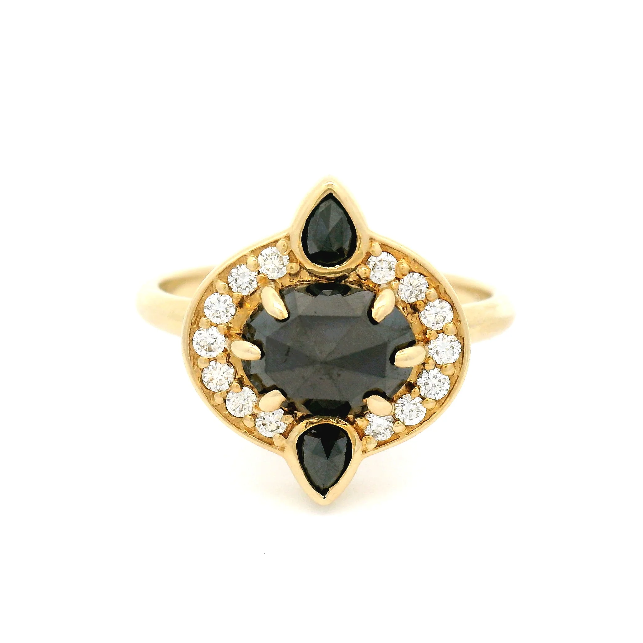 Rene - 14k Yellow Ring with 2.0ct Black Rose-Cut Diamond, Accent Canadian White Diamonds and Black Rose-Cut Pear Shape Diamonds