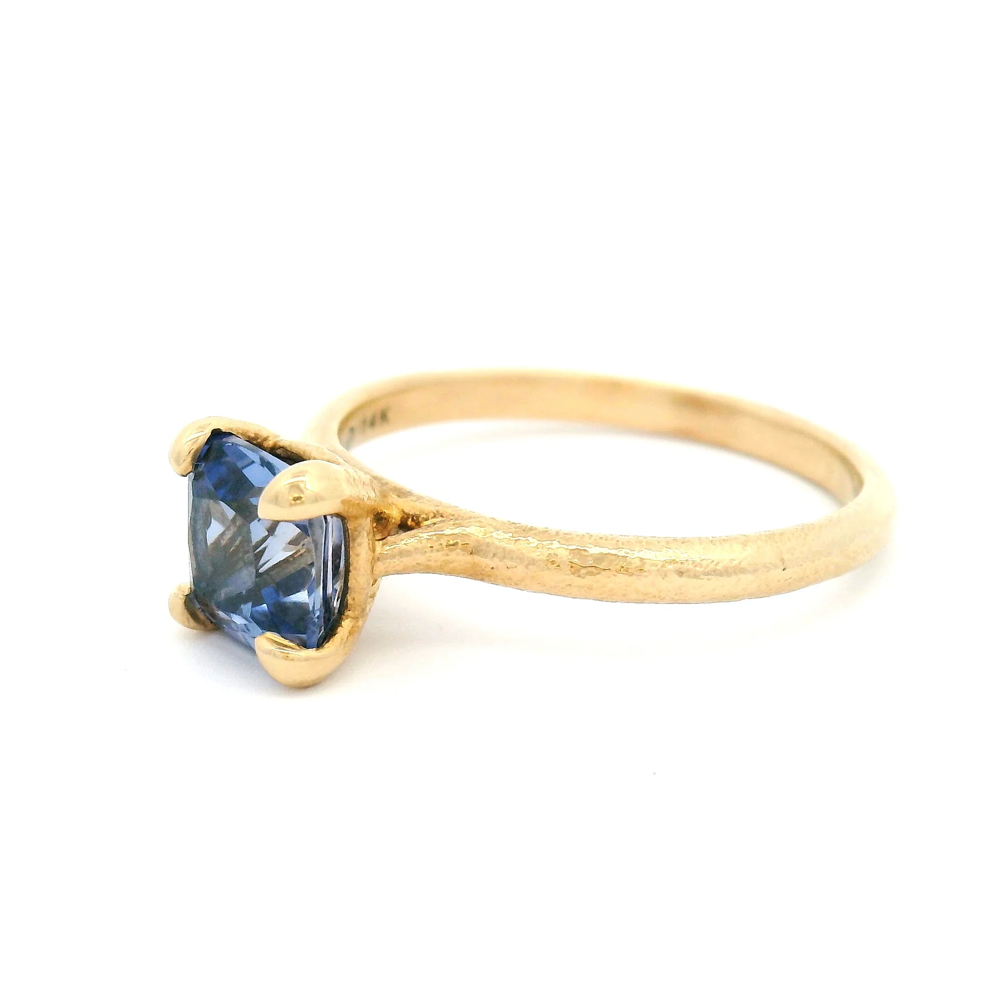 14K Yellow Solitaire with Lab-Grown 2.4ct Periwinkle Cushion Cut Sapphire - Image 2