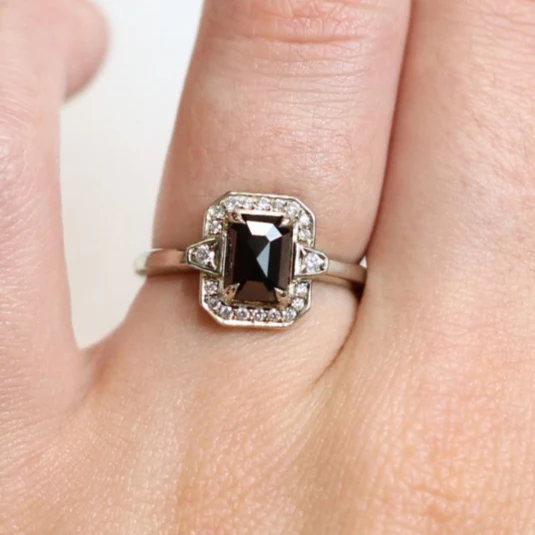 14k White Ring with 1.09ct Rose Cut Black Diamond and Accent Deco Diamond Halo - Image 3