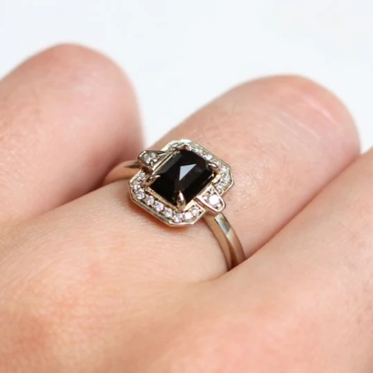 14k White Ring with 1.09ct Rose Cut Black Diamond and Accent Deco Diamond Halo - Image 4