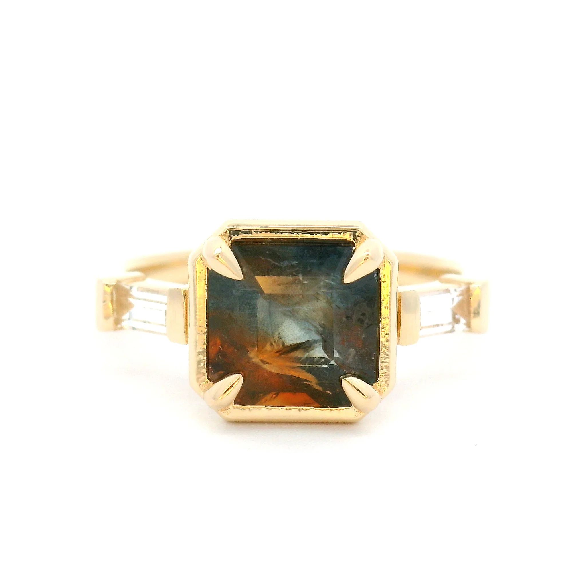 14k Yellow Three-Stone Ring with 2.13ct Parti Sapphire and Sapphire Baguettes