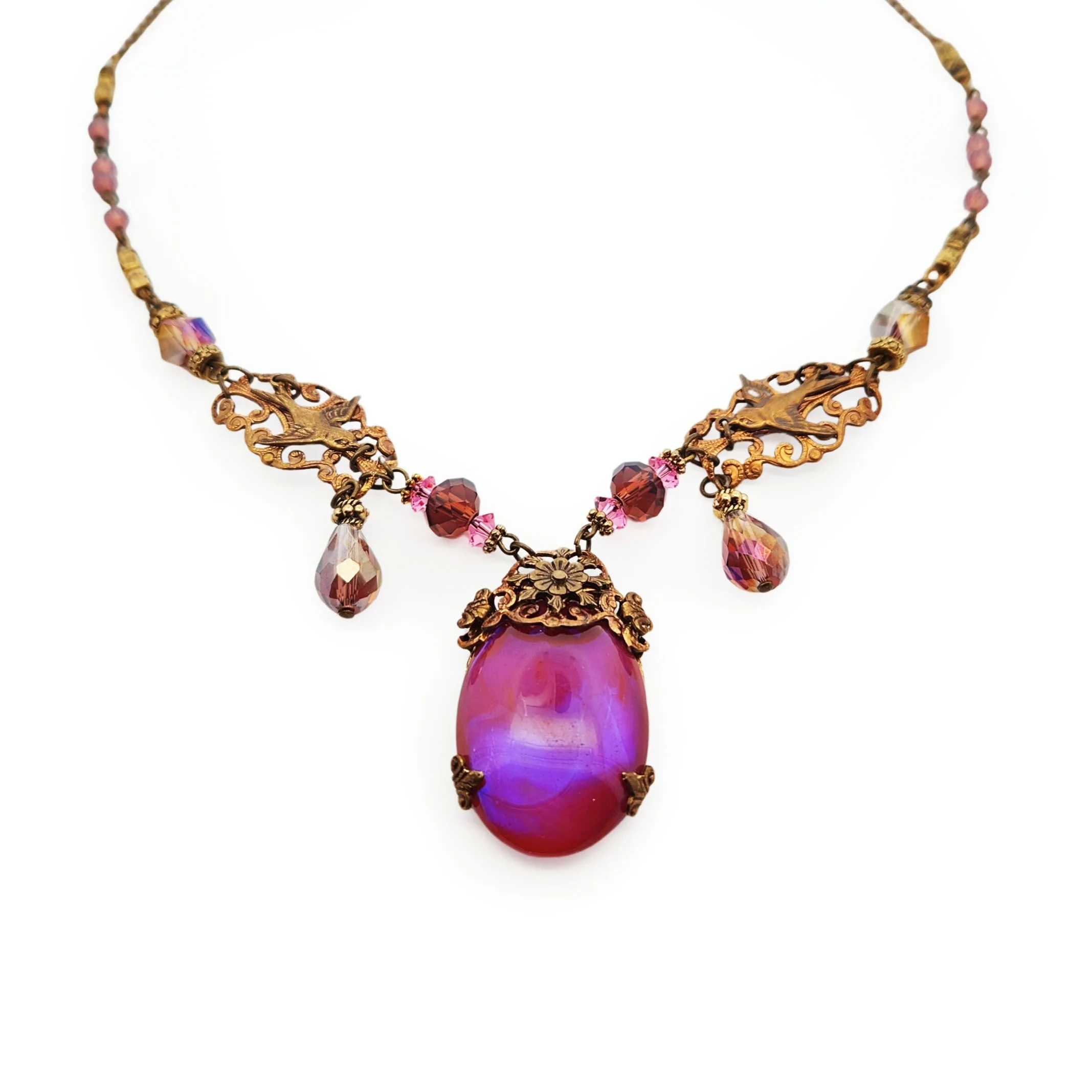 Fuchsia & Brass Antique Fairy Necklace