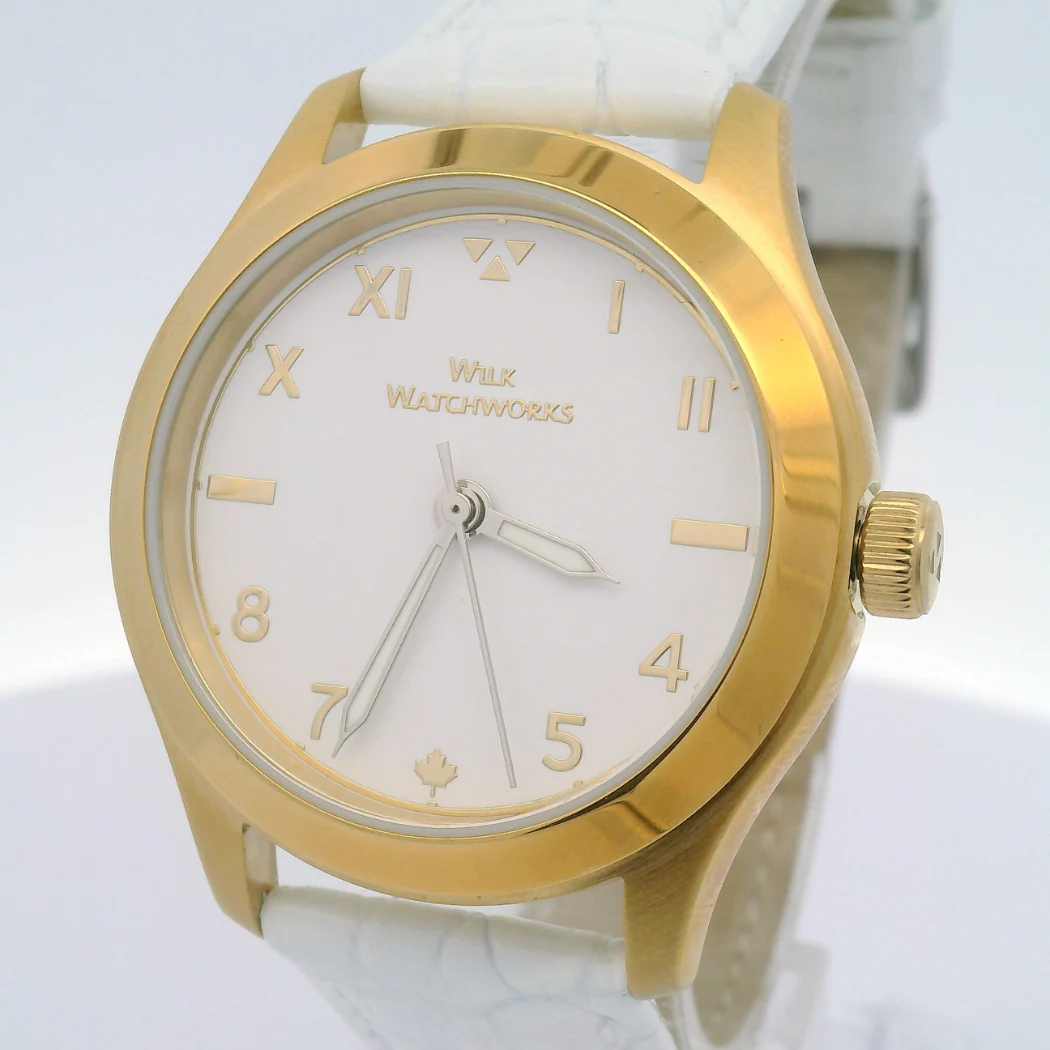 Gold Plated White Croco Grain Leather Mechanical Watch - Image 3