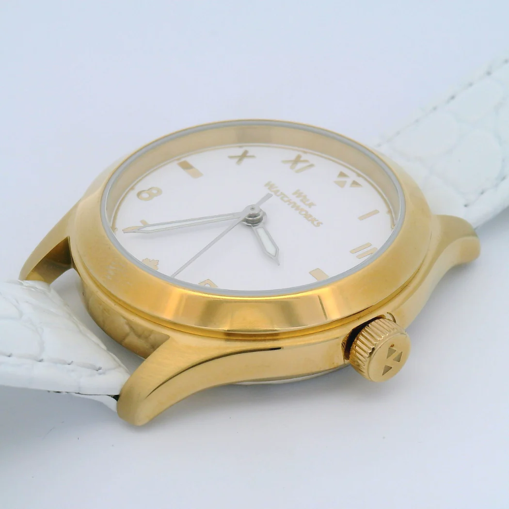 Gold Plated White Croco Grain Leather Mechanical Watch - Image 4