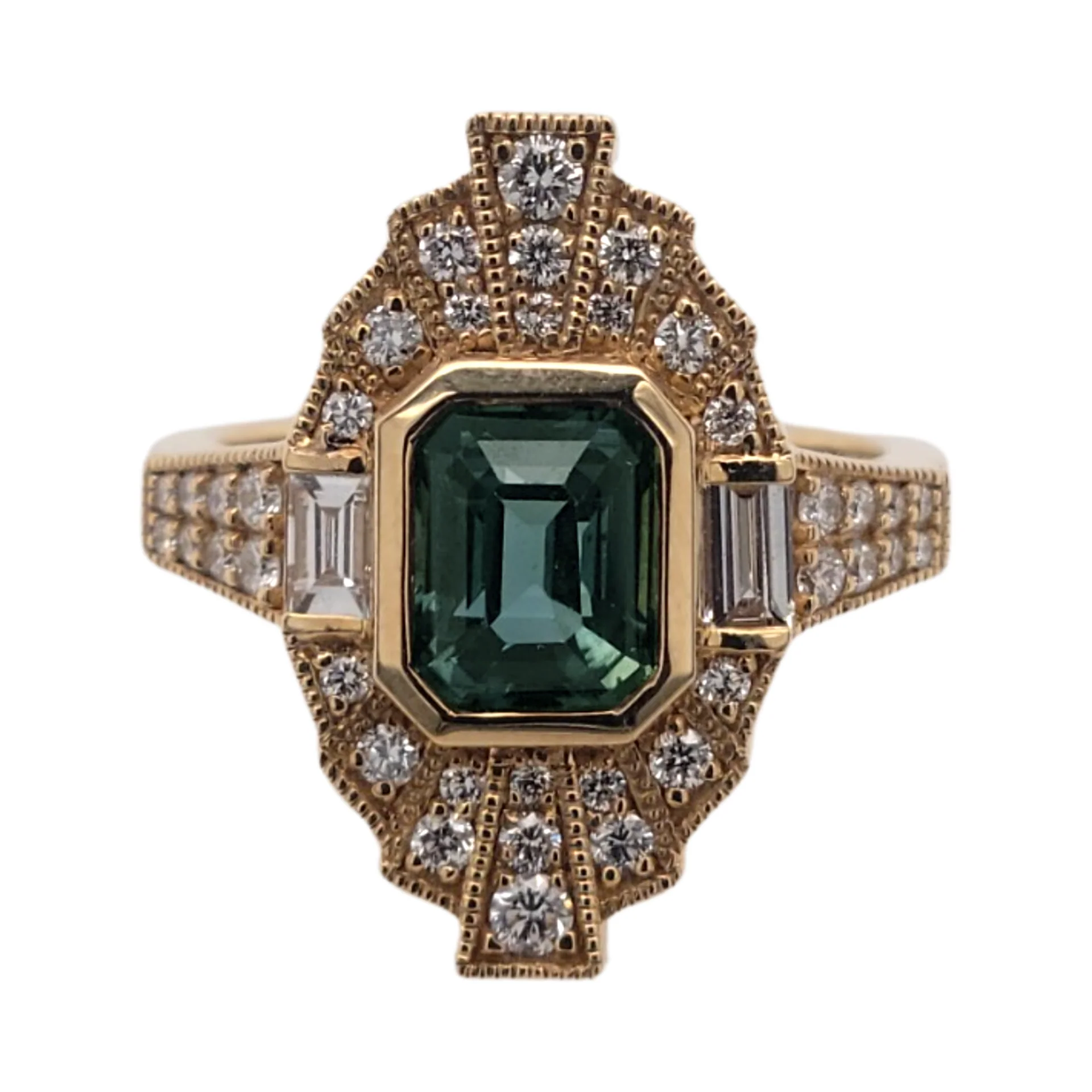 14k Yellow 1.60ct Green Sapphire Shield Ring with Accent Diamonds - Image 4