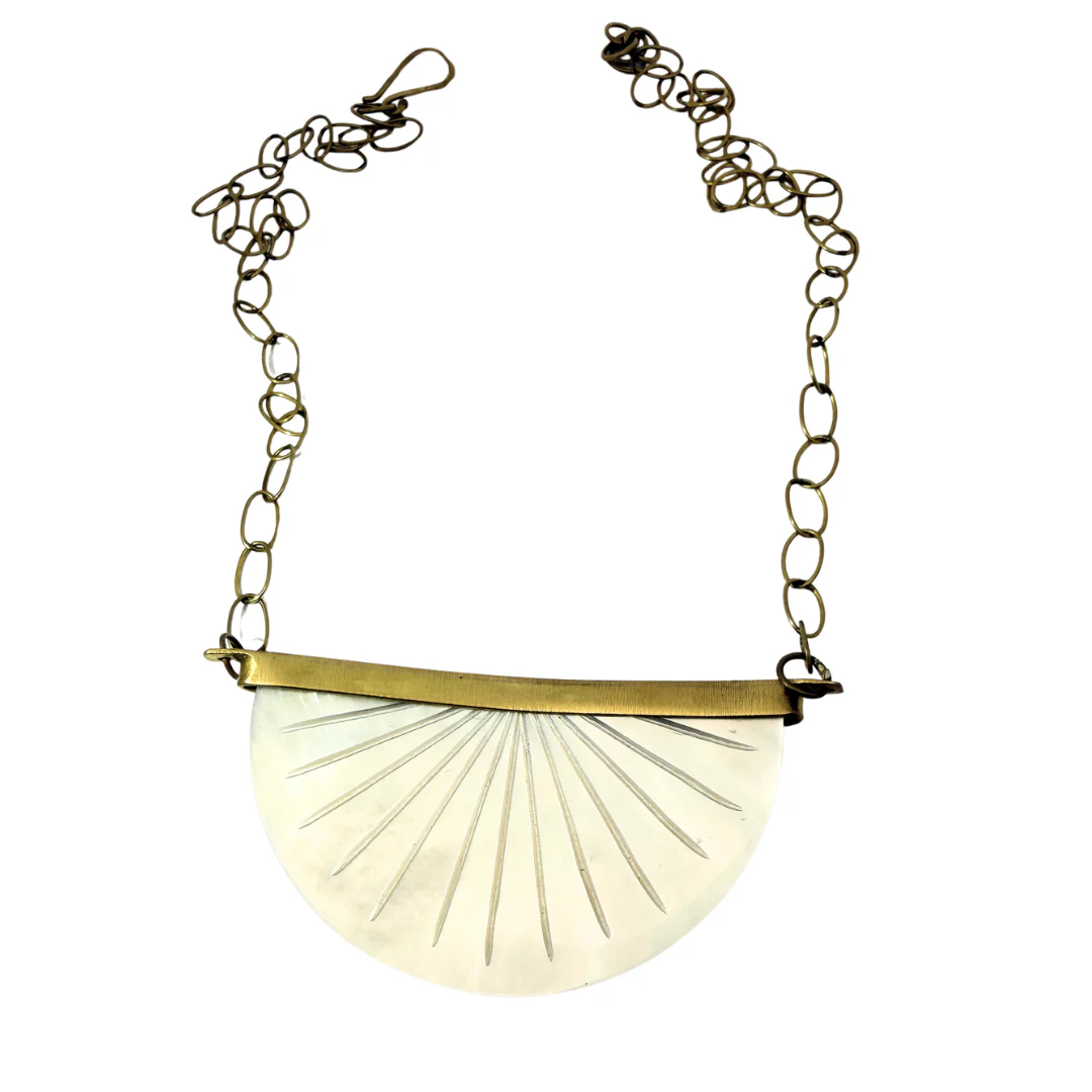 Half-Circle Mother of Pearl Carved Sunburst Necklace - Image 2