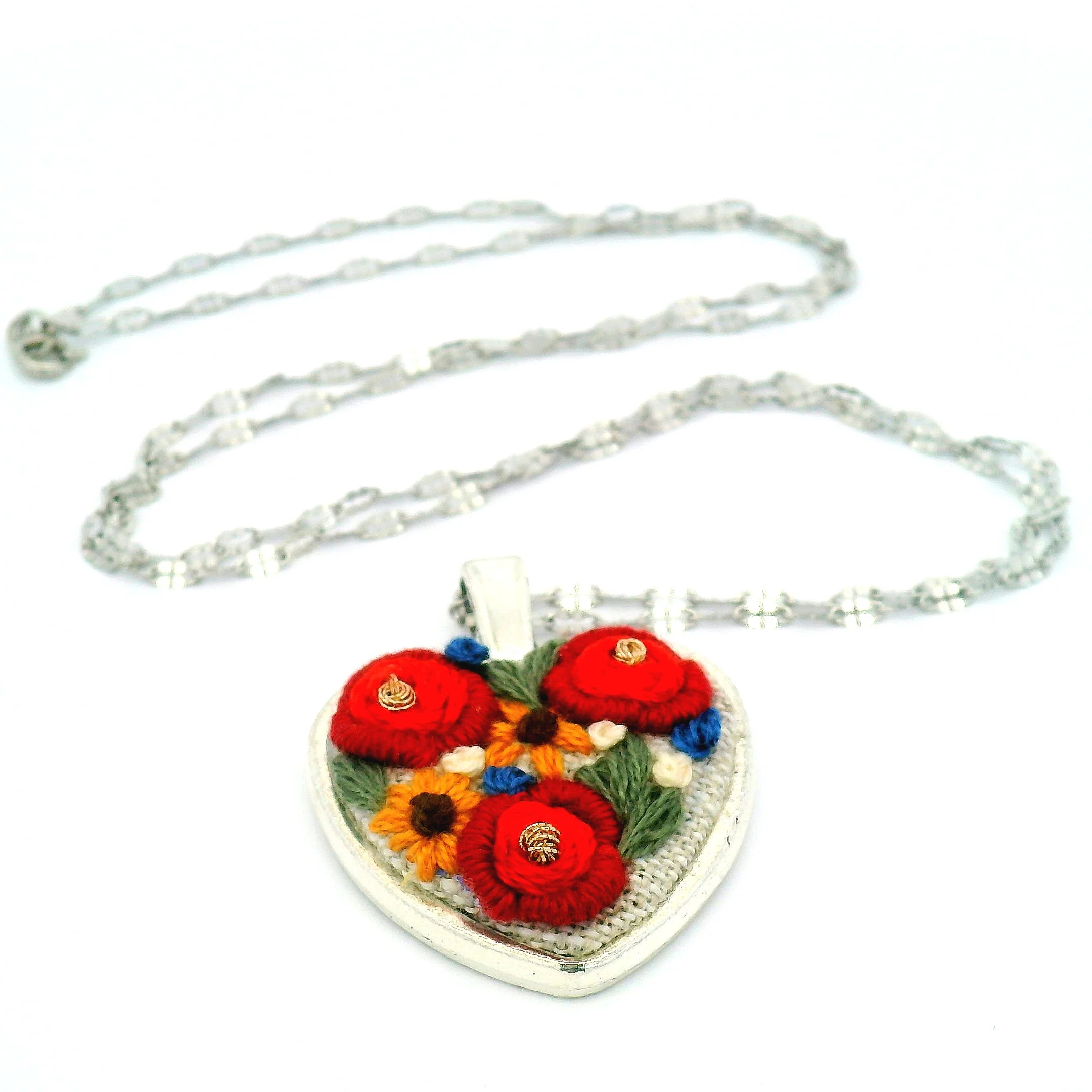 Hand Embroidered Flower Bouquet Heart Pendant - Image 5
