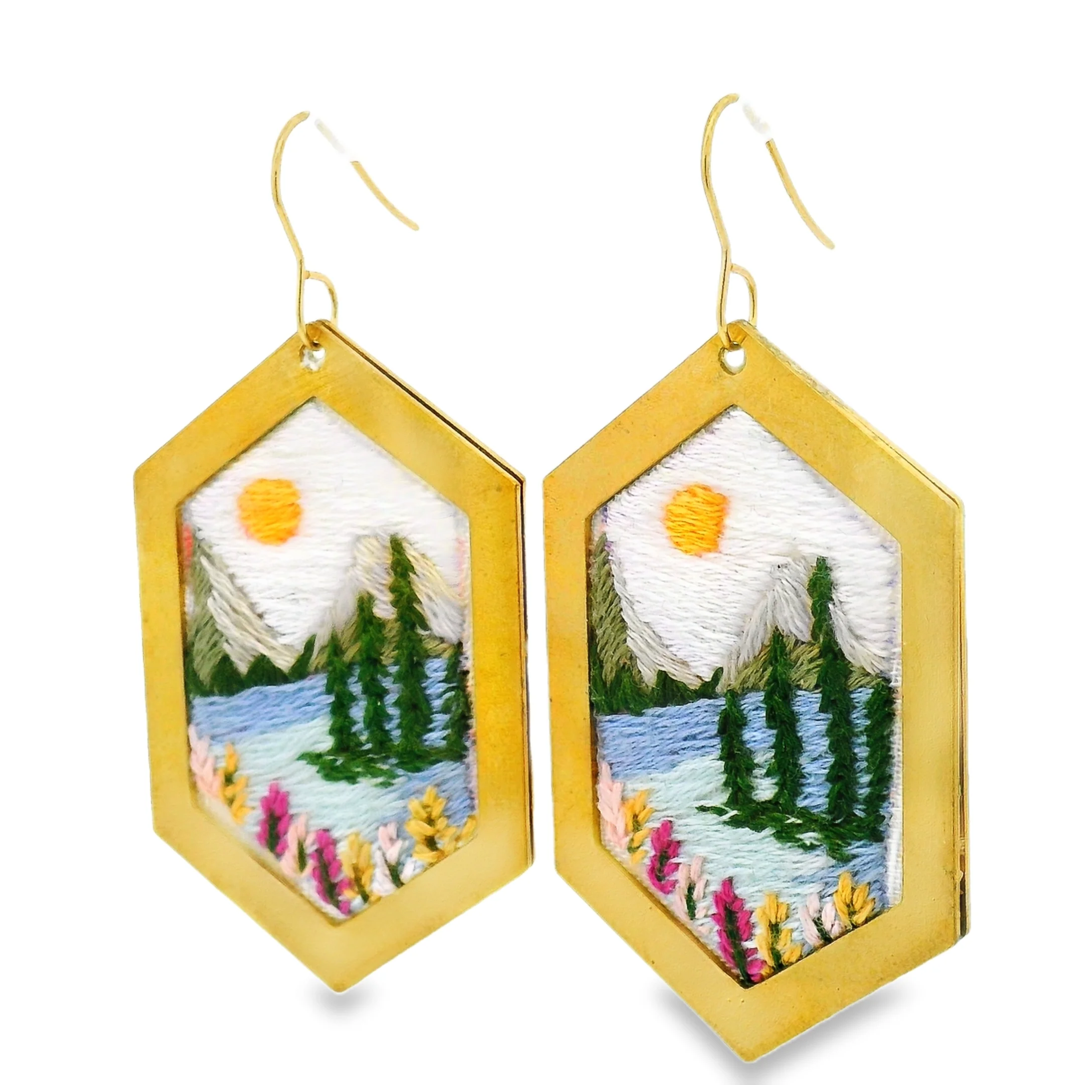 Hand Embroidered Hexagon Landscape Earrings - Image 2