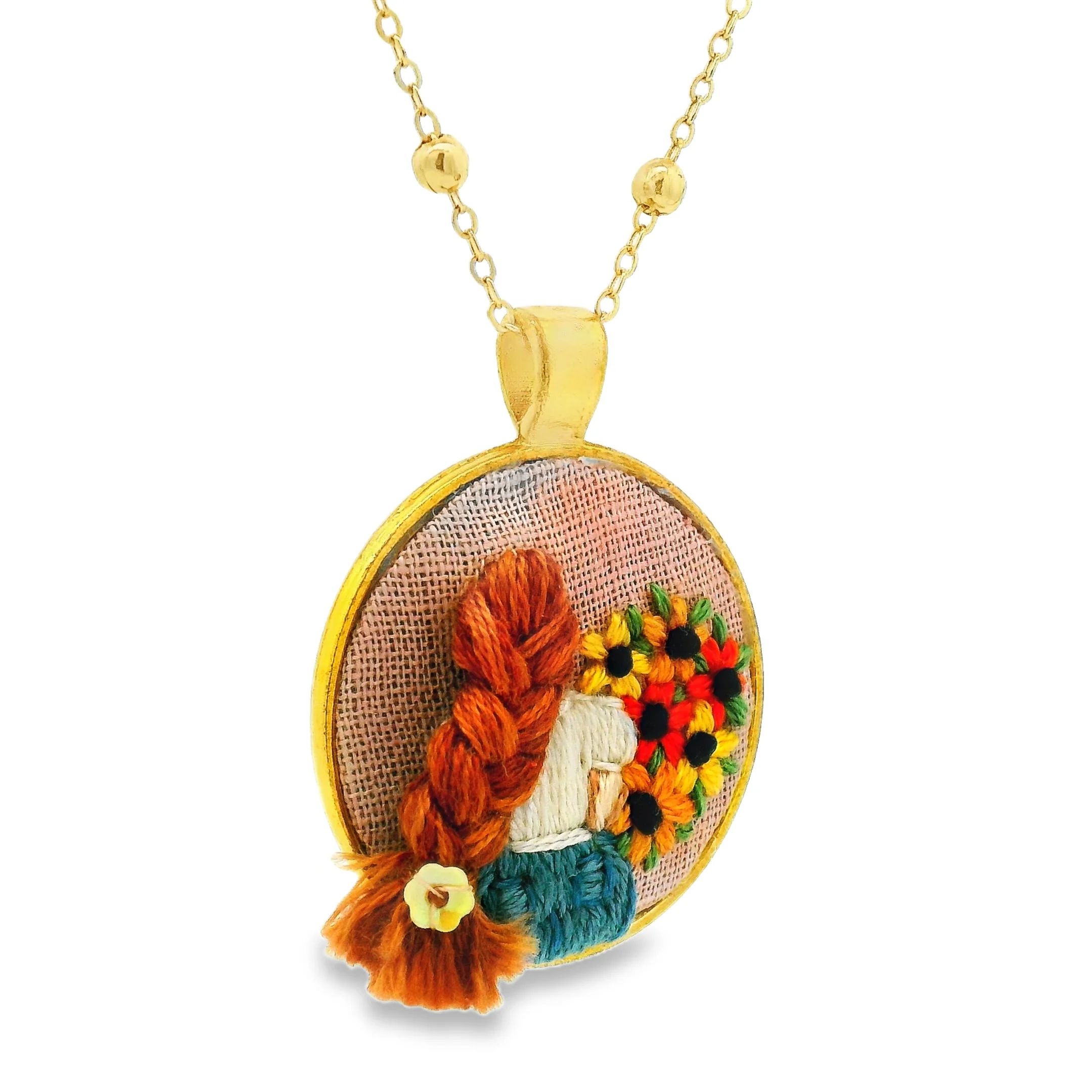 Hand Embroidered Sunflower Portrait Pendant - Image 3