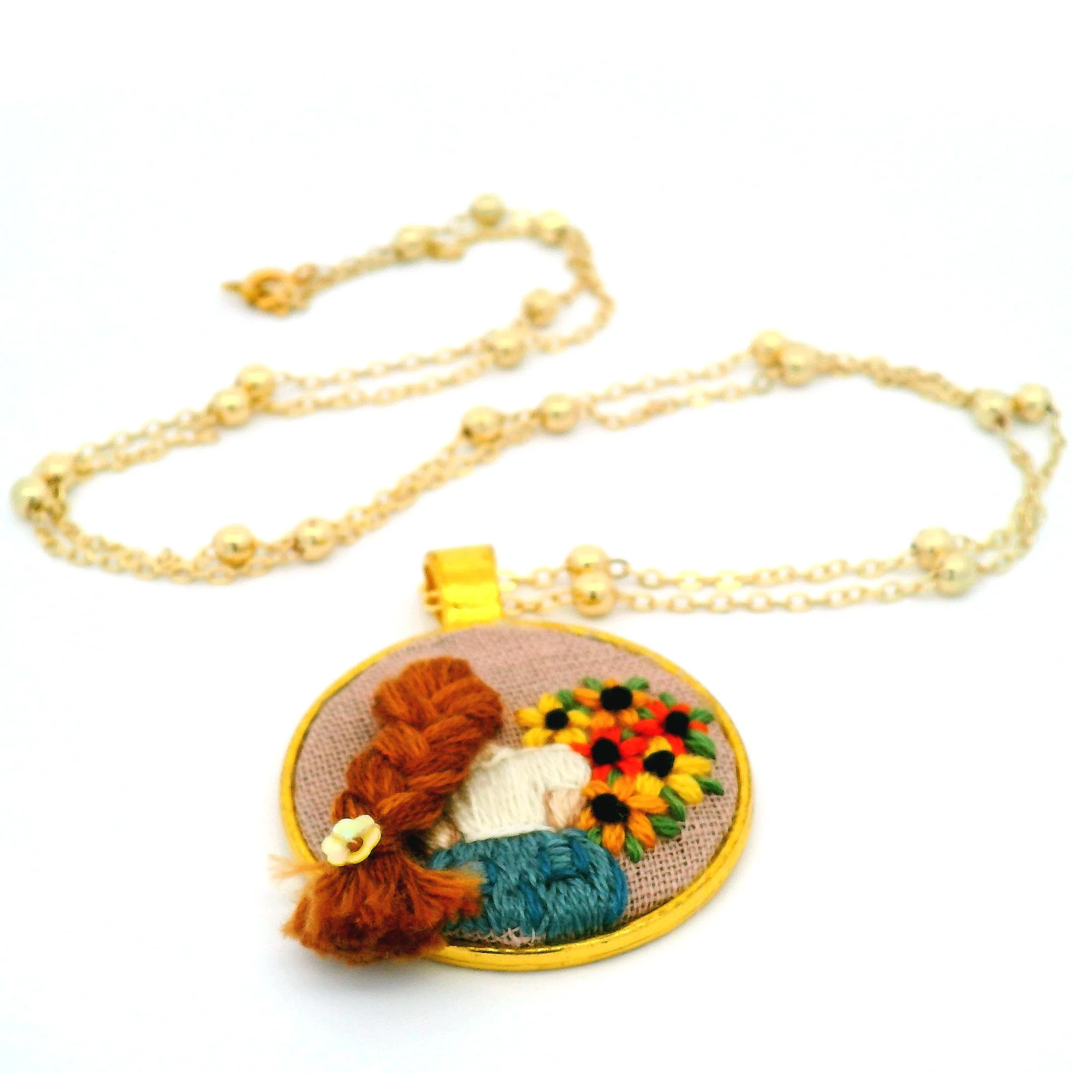 Hand Embroidered Sunflower Portrait Pendant - Image 5