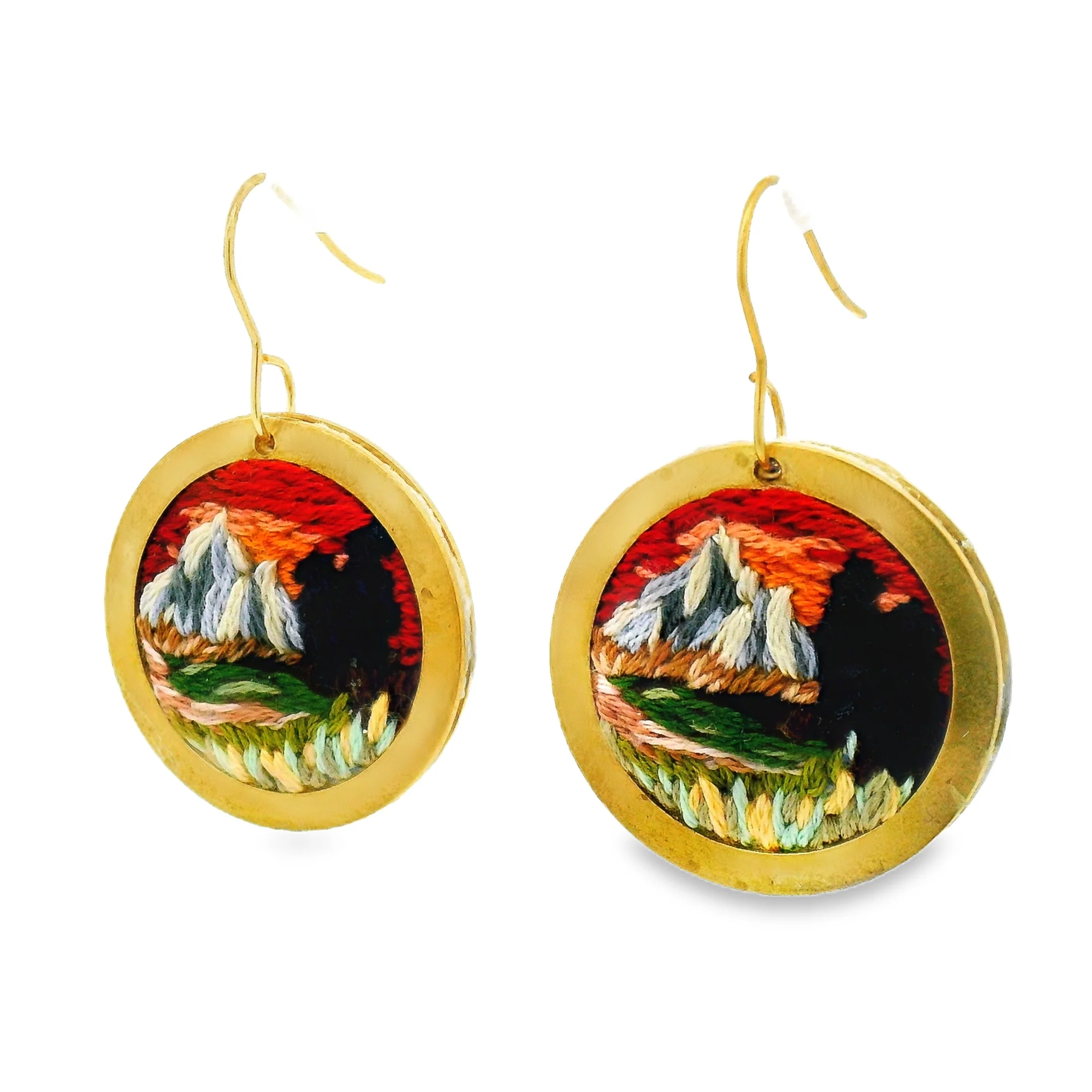Hand Embroidered Sunset Landscape Mountain Earrings - Image 2