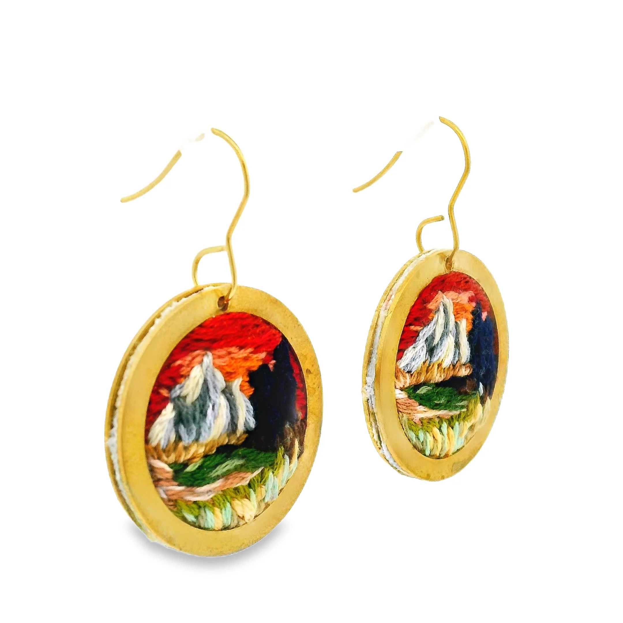 Hand Embroidered Sunset Landscape Mountain Earrings - Image 3