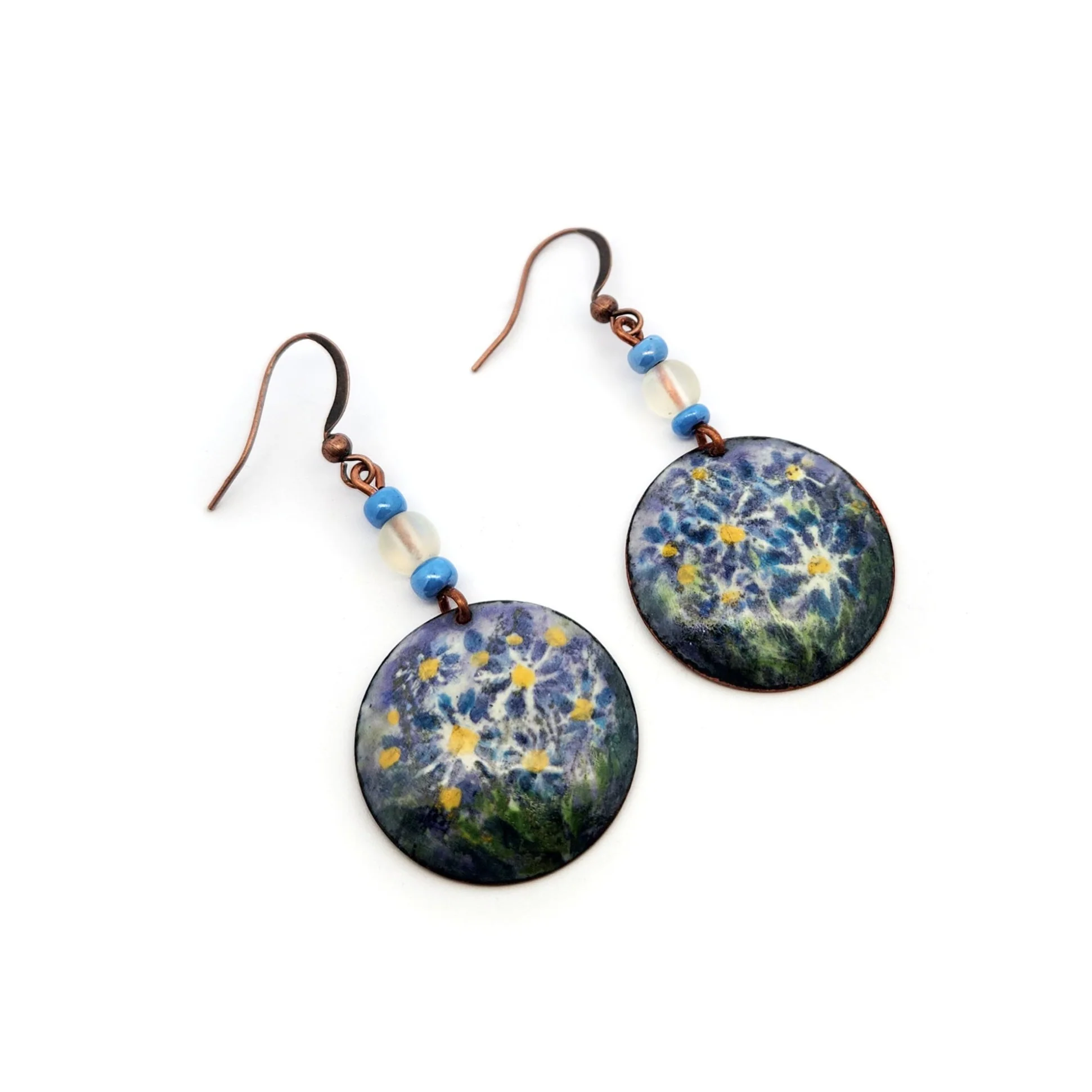 Hand Painted Blue Floral Earrings - Image 2